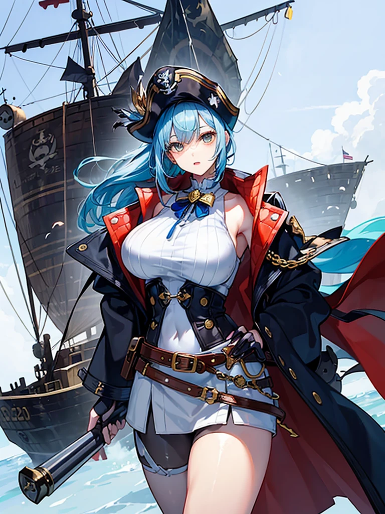 （（（masterpiece、Highest image quality、highest quality、highly detailed unity 8ｋwallpaper）））、（（Illustration of one girl、upper body））、（（（beautiful girl）））、（fantasy、female pirate）、（Light light blue hair、short ponytail：1.ellow eyes）、（（（Right hand is a prosthetic hand、steampunk prosthetic arm）））、（（tall））、（bulky figure, massive frame, thick neck, sturdy arms, powerful legs）、（captain&#39;s suit、Pirate hat、Blue coat）、pier、pirate ship anchored