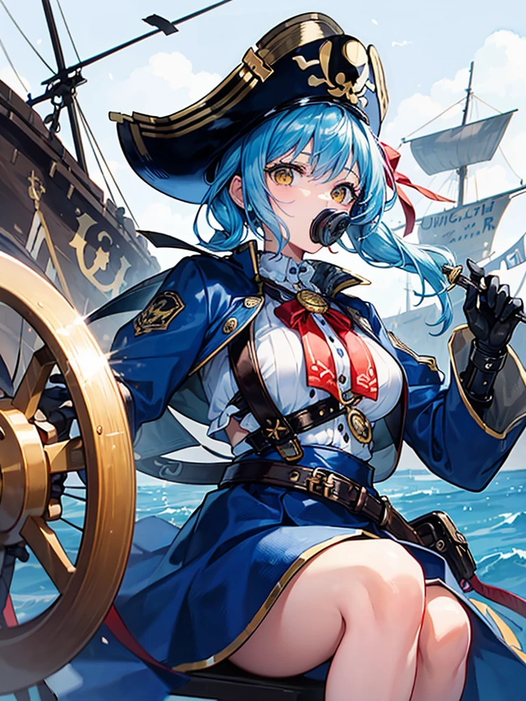 (((masterpiece、Highest image quality、highest quality、highly detailed unity 8kwallpaper)))、((Illustration of one girl、upper body))、(((beautiful girl)))、(fantasy、female pirate)、(Light light blue hair、short ponytail:1.2、yellow eyes)、(((Right hand is a prosthetic hand、steampunk prosthetic arm)))、((tall))、(bulky figure, massive frame, thick neck, sturdy arms, powerful legs)、(captain's suit、Pirate hat、Blue coat)、pier、pirate ship anchored