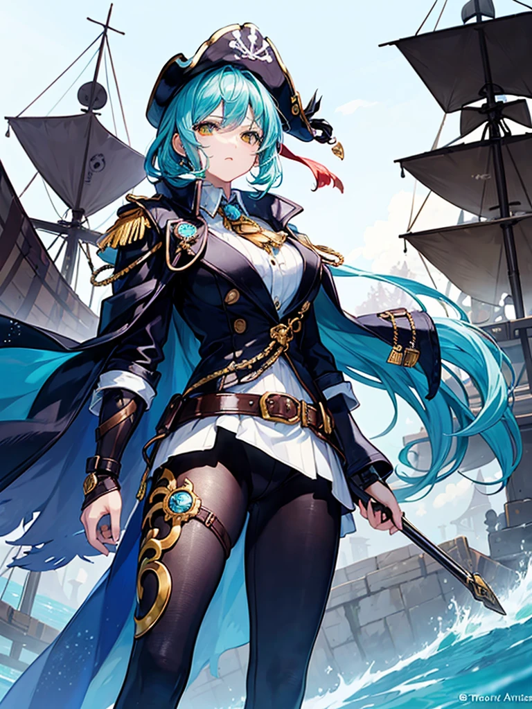 （（（masterpiece、Highest image quality、highest quality、highly detailed unity 8ｋwallpaper）））、（（Illustration of one girl、upper body））、（（（beautiful girl）））、（fantasy、female pirate）、（Light light blue hair、short ponytail：1.2、yellow eyes）、（（（Right hand is a prosthetic hand、steampunk prosthetic arm）））、（（tall））、（bulky figure, massive frame, thick neck, sturdy arms, powerful legs）、（captain&#39;s suit、Pirate hat、Blue coat）、pier、pirate ship anchored