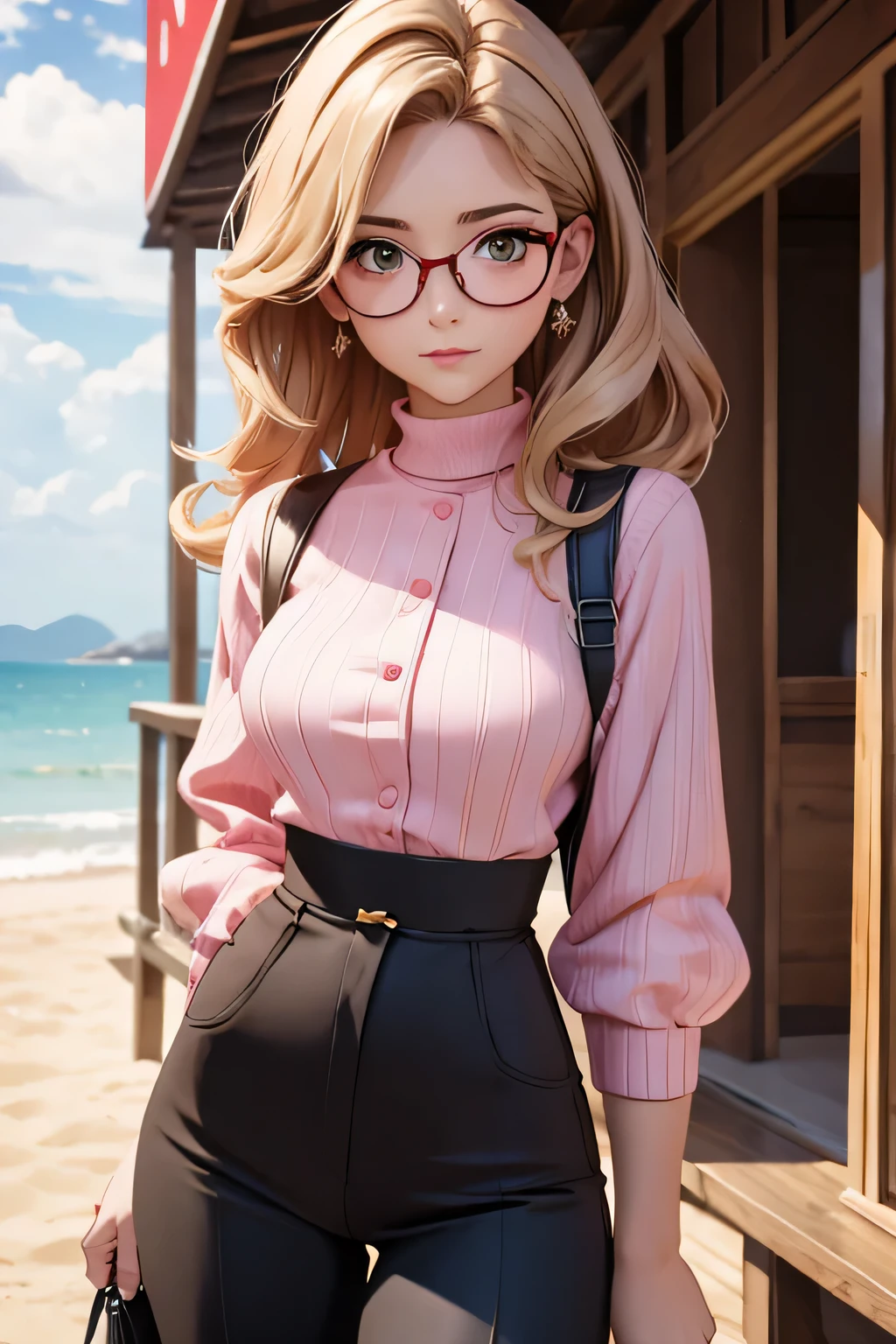 (masterpiece, professional photo:1.1), (8k, high resolution), single, solo women, European, (straight messy hair (dark blonde)), sexy curve, beautiful face, ultra detail eyes, (glasses:1.1), small breast, (high waist short pink:1.2), (red high neck:1.2), sexy goddess, street, old beach side build, high quality image