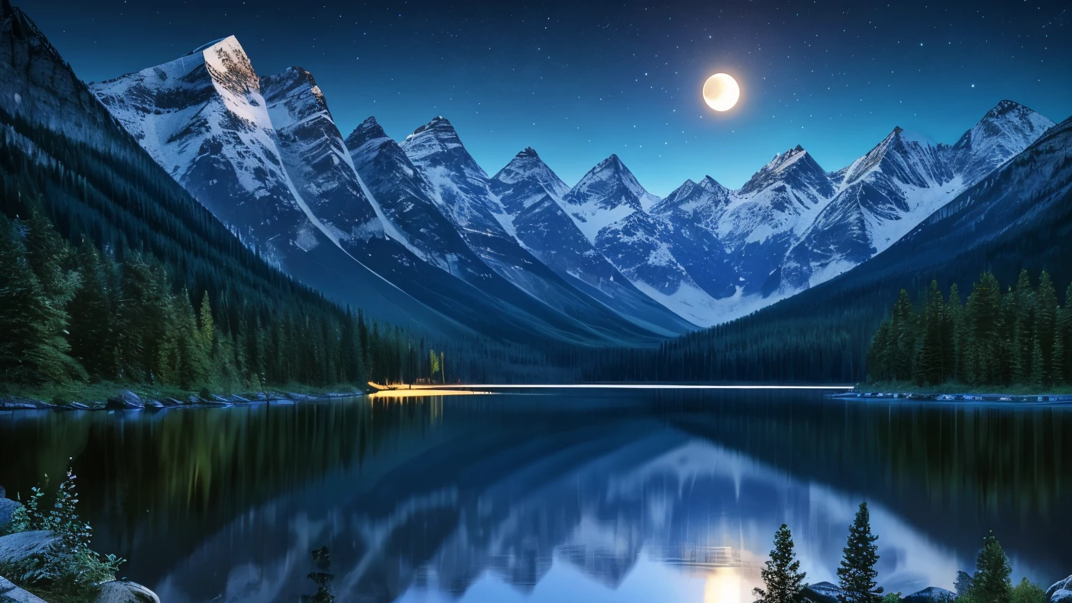 masterpiece, best quality, a picture of a night landscape with trees, mountains, and a lake, the mountains are blue, moon, digital art