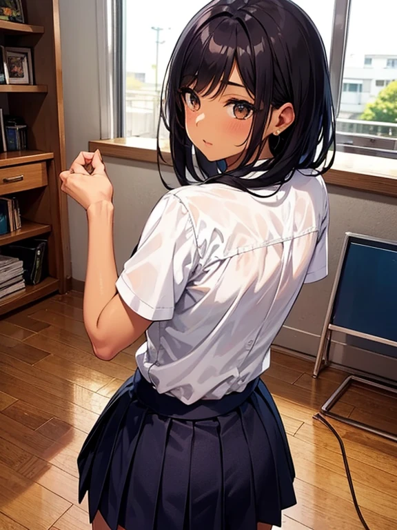 "The masterpiece artwork features a solo girl with medium-length black hair and brown eyes. She is wearing a school uniform consisting of a white shirt and a navy pleated skirt. The girl is depicted from a cowboy shot angle, with her straight hair falling over her shoulders. The scene is set in a schoolyard with a dark-skinned girl. The focus is on her backside, which is showcased in a doggy style pose. The image is of the highest quality, with ultra-detailed features and a realistic rendering. The colors are vivid, and the lighting creates a dramatic atmosphere."