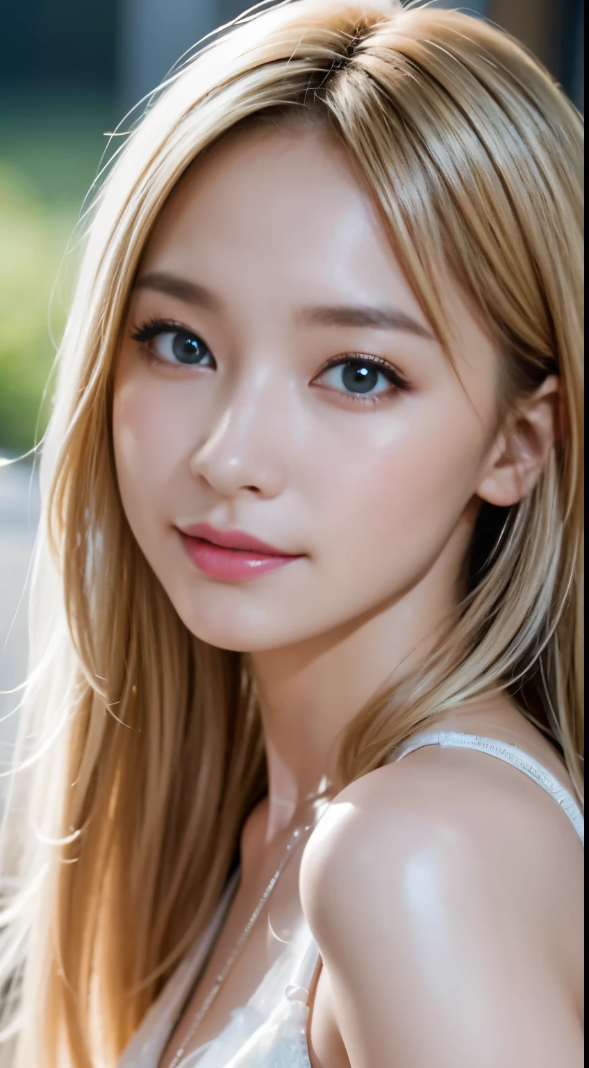 light smile, night, RAW photo, (((portrait of extreme beauty))), (radiant skin)), 1 girl, beautiful girl in Prague, 11 years old, ((natural bright blonde hair)), [blue eyes], shiny glossy skin, silky long straight hair, eyeliner, long bangs, hair between eyes, fluttering hair, ((masterpiece, top quality, ultra detail, film light, complex details, High Resolution, 8K, Very Detailed)), Detailed Background, 8K UHD, DSLR, Soft Light, High Quality, Film Grain, Fujifilm XT3, Shallow Depth of Field, Natural Light, (No Hand), Upper Eye, Sap Eyes,