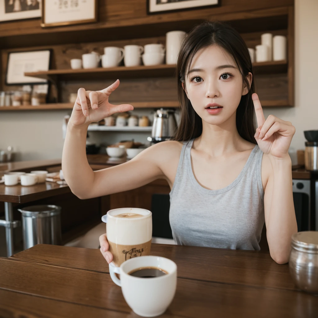 Realisticな,(master piece, high quality:1.2) ,Realistic, one perfect woman、RAW photography, wide wide shot, ( Hand Sign), verbal invitation, she keeps her mouth open, (just enough to make ends meet), drink coffee、I'm at the cafe、Tank top