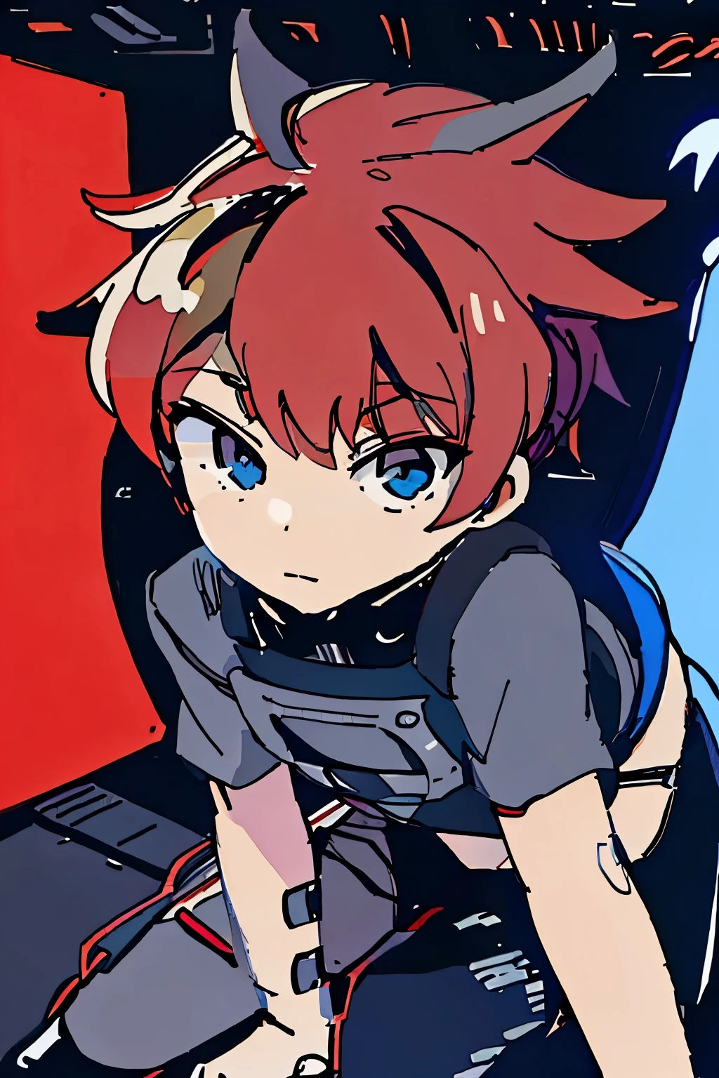 Masterpiece, intricate, anime style, full body, 1girl, rakkun, racoon girl, racoon ears, 1tail, fluffy tail, racoon tail, brown and light brown ringed tail, red and blue eyes blurred, cyber eyes, short hair, red inner hair, brown hair, a strand of hair on the left side, red hair strips, cybernetic body, mecha arms, mecha legs, mechanical arms, mechanical legs, short black shirt uncovered on the shoulders and with a black mesh with black borders up to the collar, polo shirt, short black skitr whit dark red checkered, black belt around the waist, looking at viewer, best quality, 4k,highres, professional art, professional drawing, professional lineart, outlined markers
