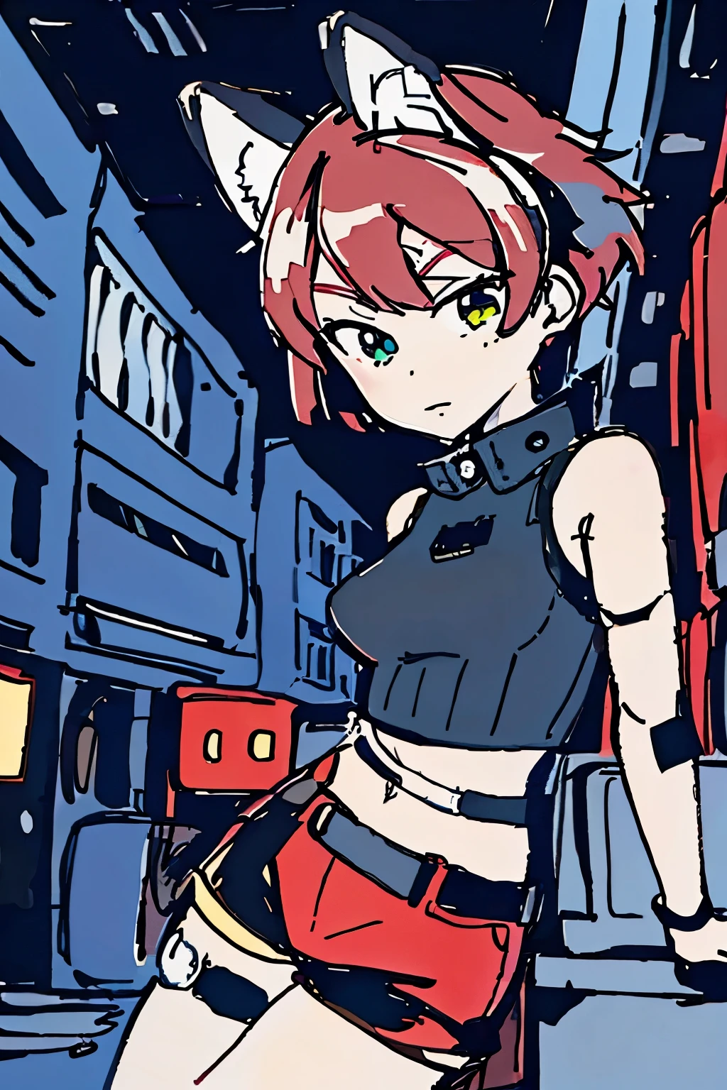 Masterpiece, intricate, anime style, full body, 1girl, rakkun, racoon girl, racoon ears, 1tail, fluffy tail, racoon tail, brown and light brown ringed tail, red and blue eyes blurred, cyber eyes, short hair, red inner hair, brown hair, a strand of hair on the left side, red hair strips, cybernetic body, mecha arms, mecha legs, mechanical arms, mechanical legs, short black shirt uncovered on the shoulders and with a black mesh with black borders up to the collar, polo shirt, short black skitr whit dark red checkered, black belt around the waist, looking at viewer, best quality, 4k,highres, professional art, professional drawing, professional lineart, outlined markers
