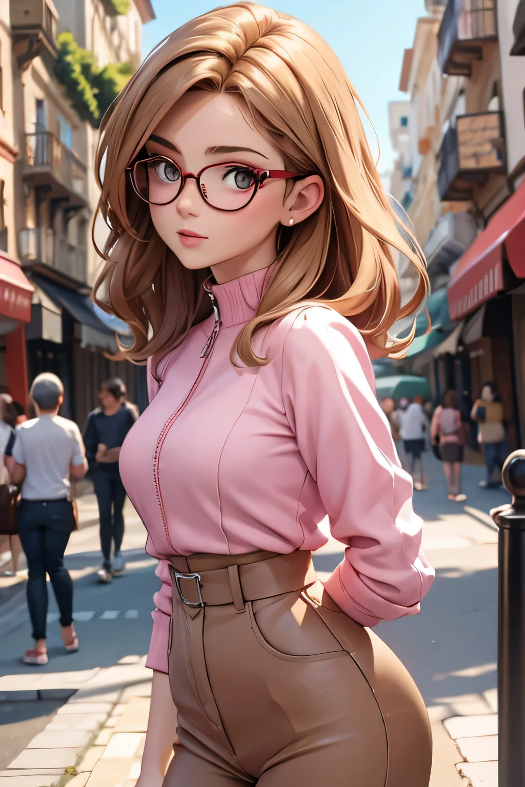 (masterpiece, professional photo:1.1), (8k, high resolution), single, solo women, European, (straight messy hair (dark blonde)), sexy curve, beautiful face, ultra detail eyes, (glasses:1.1), small breast, (high waist short pink:1.2), (red high neck:1.2), sexy goddess, street, old beach side build, high quality image