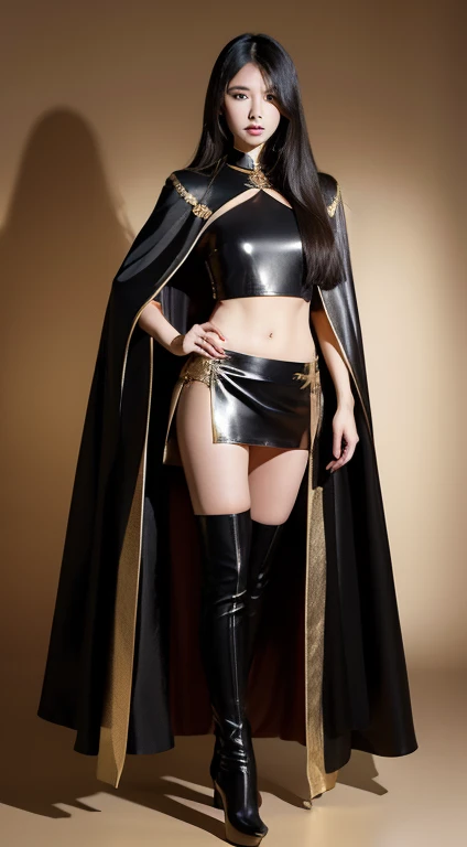 japanese beauty,super long straight hair,be realistic,Whight blouse and black leather micro mini skirt,A gold ultra long satin cloak that wraps around the body,cape,Spreading cloak,cape,gold thigh-high boots with stiletto heel, Are standing,frontage,full body image
