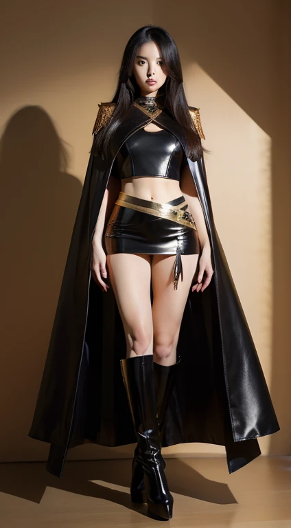 japanese beauty,super long straight hair,be realistic,Whight blouse and black leather micro mini skirt,A gold ultra long satin cloak that wraps around the body,cape,Spreading cloak,cape,gold thigh-high boots with stiletto heel, Are standing,frontage,full body image