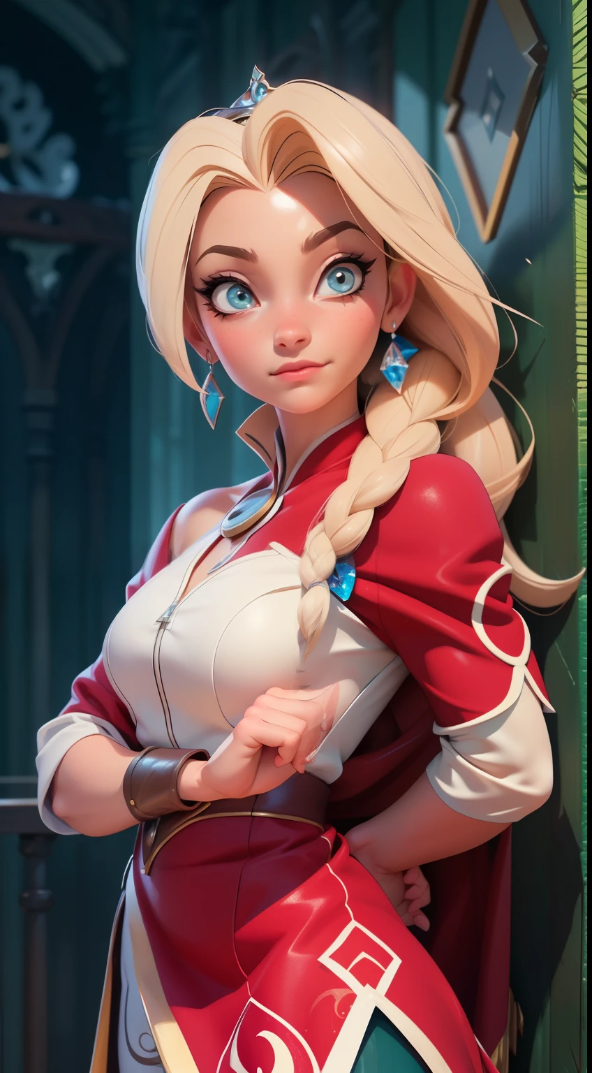 Elsa-Sakura Fusion, Mesclando modelos, melting, Usando roupas da Sakura, Na vila, 1girl, Beautiful, Character, Woman, Female, (master part:1.2), (melhor qualidade:1.2), (Solo:1.2), ((pose de luta)), ((campo de batalha)), cinemactic, olhos perfeitos, pele perfeita, perfect lighting, sorrir, luz, cor, pele texturizada, detalhe, Beleza, maravilha, ultra-detalhado, rosto perfeito