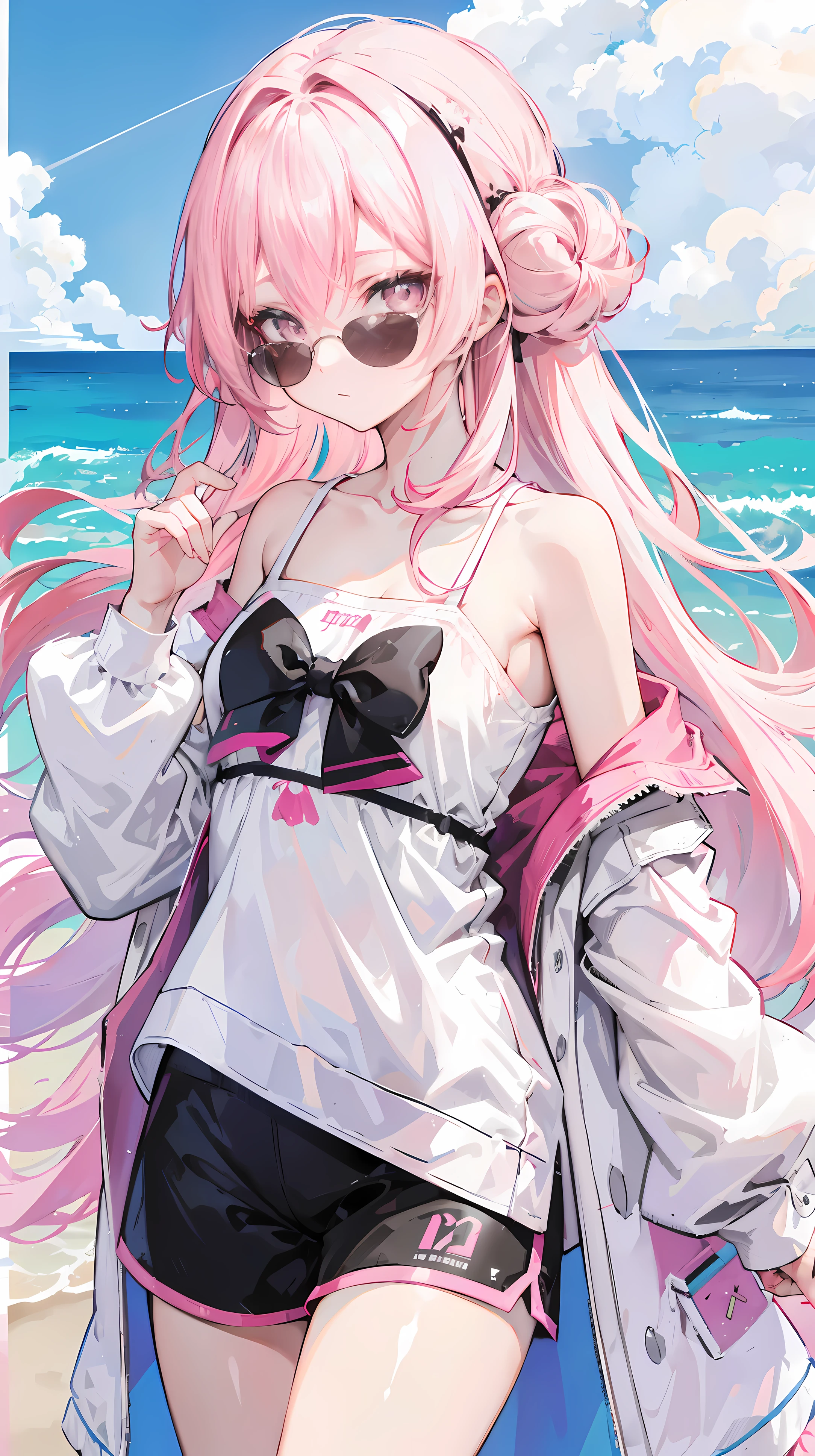 fox,hairy,hairy的,bust avatar,Colorful patterned white top,black leggings pants,white stripes,Q version,charming,minimalist art style,cartoon style,pink eyes,heart shaped eyes,happiness,happiness的,Ears with pink hair,There are white hairs on the tips of the ears,blue hair behind,The tail is white,pointed blue,Blue sky and white clouds,sunny