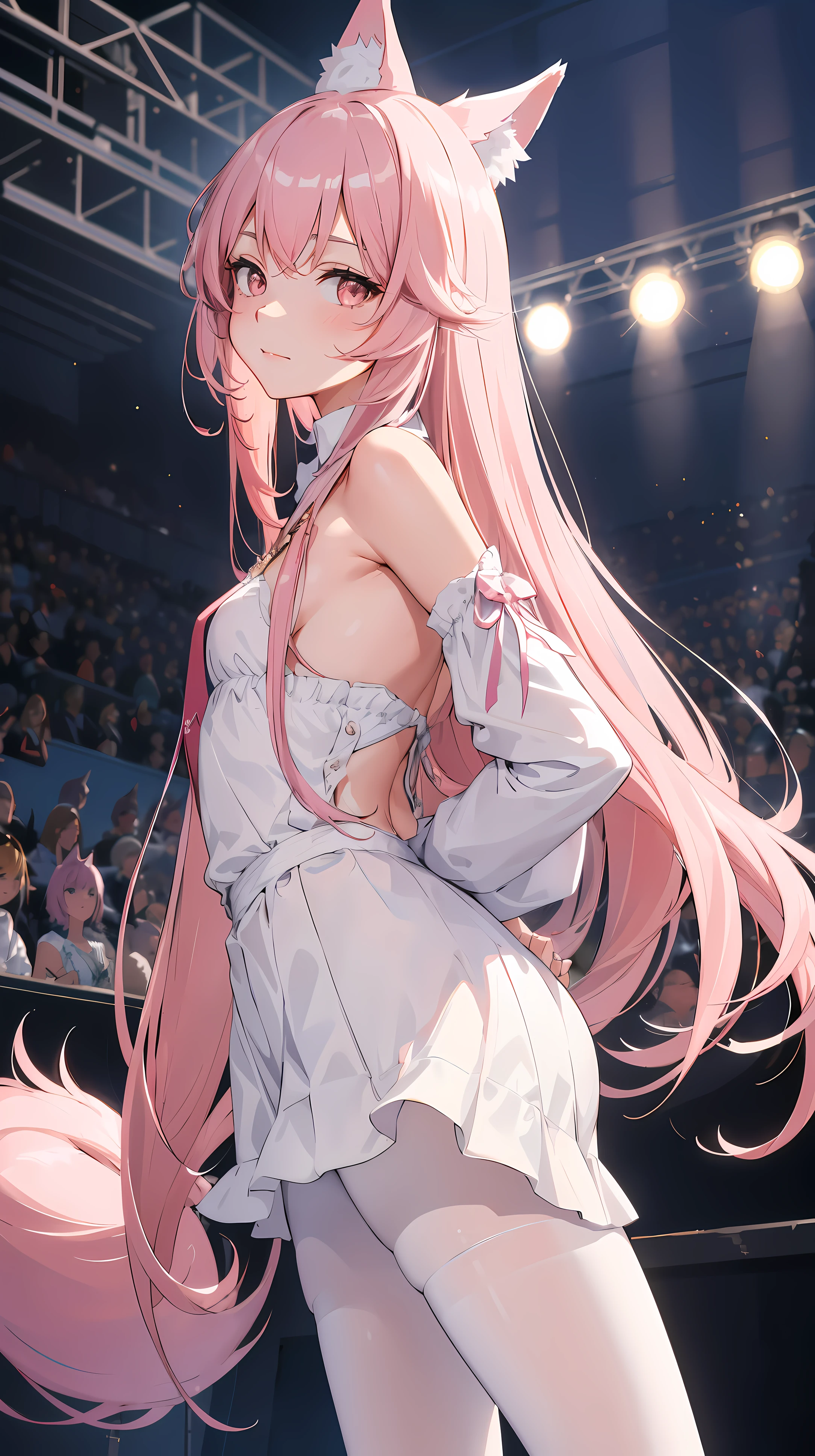 (masterpiece, best quality), ((1 girl, (aldult) long pink hair), (wolf ears)), (place one's arms behind one's back, looking at the audience, faint smile, take off shoulders, cowboy shooting), (Color difference), White silk pantyhose
