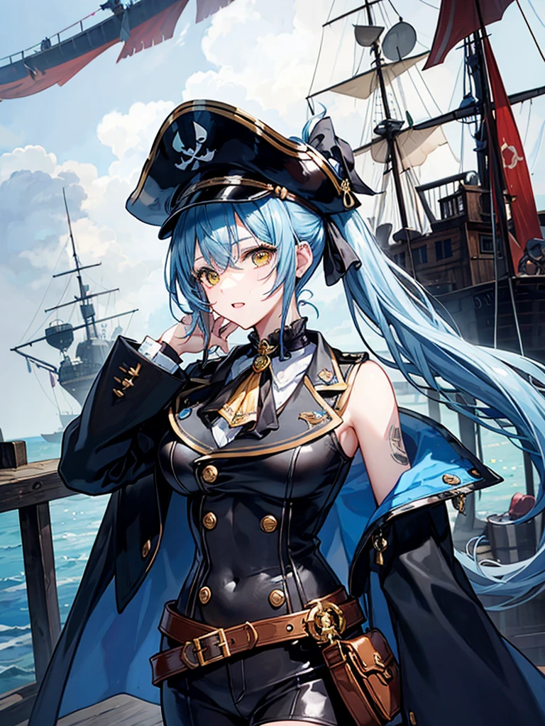 （（（masterpiece、Highest image quality、highest quality、highly detailed unity 8ｋwallpaper）））、（（Illustration of one girl、upper body））、（（（beautiful girl）））、（fantasy、female pirate）、（Light light blue hair、short ponytail：1.2、yellow eyes）、（（（Right hand is a prosthetic hand、steampunk prosthetic arm）））、（（tall））、bulky figure, massive frame, thick neck, sturdy arms, powerful legs、（captain&#39;s suit、Pirate hat、Blue coat）、pier、pirate ship anchored