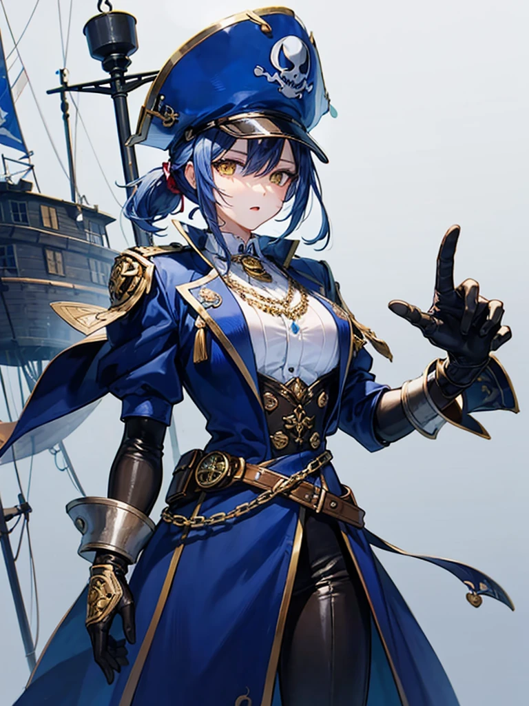 (((masterpiece、Highest image quality、highest quality、highly detailed unity 8kwallpaper)))、((Illustration of one girl、upper body))、(((beautiful girl)))、(fantasy、female pirate)、(Light light blue hair、short ponytail:1.2、yellow eyes)、(((Right hand is a prosthetic hand、steampunk prosthetic arm)))、((tall))、(bulky figure, massive frame, thick neck, sturdy arms, powerful legs)、(captain's suit、Pirate hat、Blue coat)、pier、pirate ship anchored