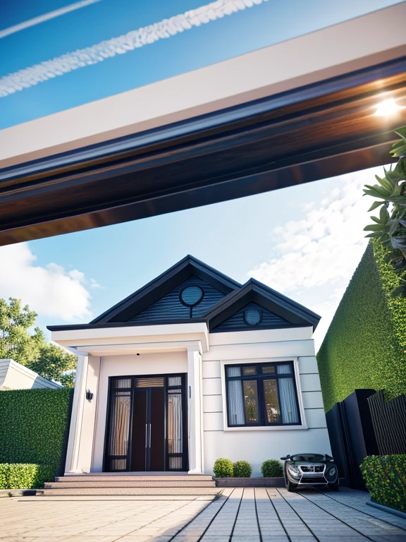 Modern townhouse, combining neoclassical style, street, car running in front of the house, (LoGo:1.5 not appearing), Modern Style, Extremely detailed image, masterpiece, surreal, rendered by vray 2023, 8k rendering, White walls, aluminum glass doors and windows, large yard covered with ceramic tiles, Natural light, cloudy, daytime a few clusters of beautiful small flower pots 8K