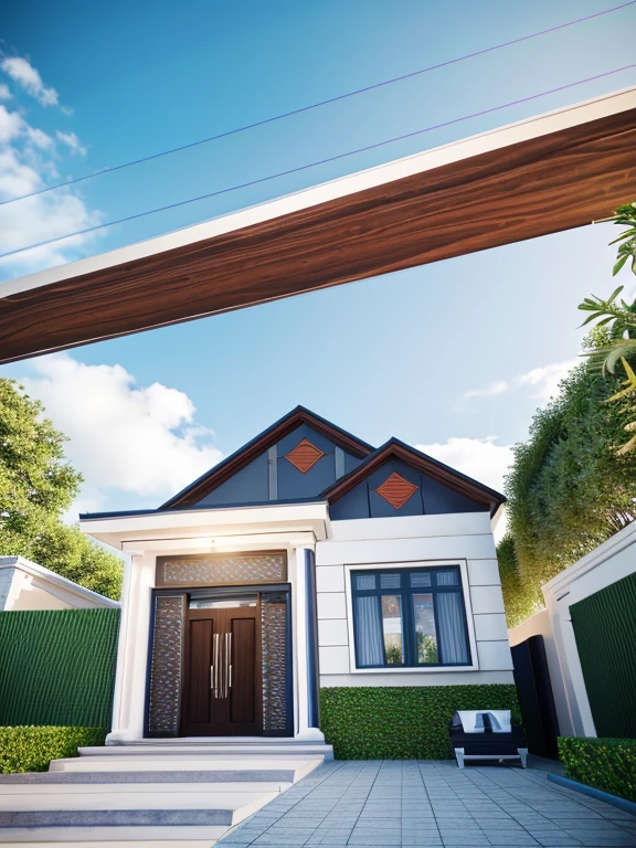 Modern townhouse, combining neoclassical style, street, car running in front of the house, (LoGo:1.5 not appearing), Modern Style, Extremely detailed image, masterpiece, surreal, rendered by vray 2023, 8k rendering, White walls, aluminum glass doors and windows, large yard covered with ceramic tiles, Natural light, cloudy, daytime a few clusters of beautiful small flower pots 8K