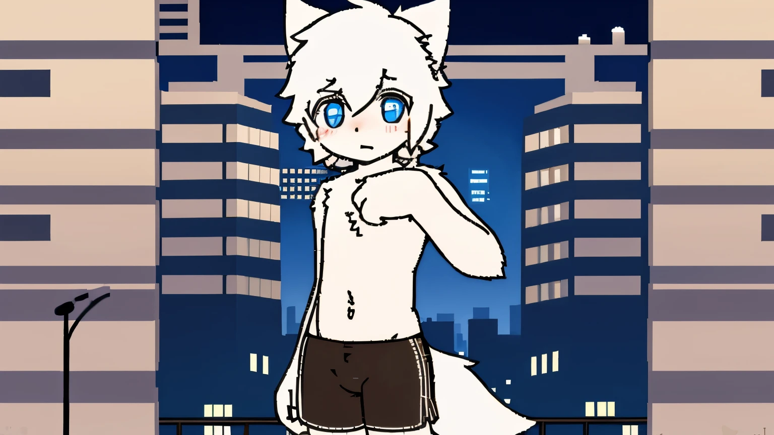 blue pupils, The body is hairy, light furry tail, Boy cat,Beautiful wallpaper very Lovely,P station popular styles,A character is petite, Lovely, A luxurious, small but long, legal style,blush blush,Skinny sports shorts,white,Rooftop city with skyscrapers as background