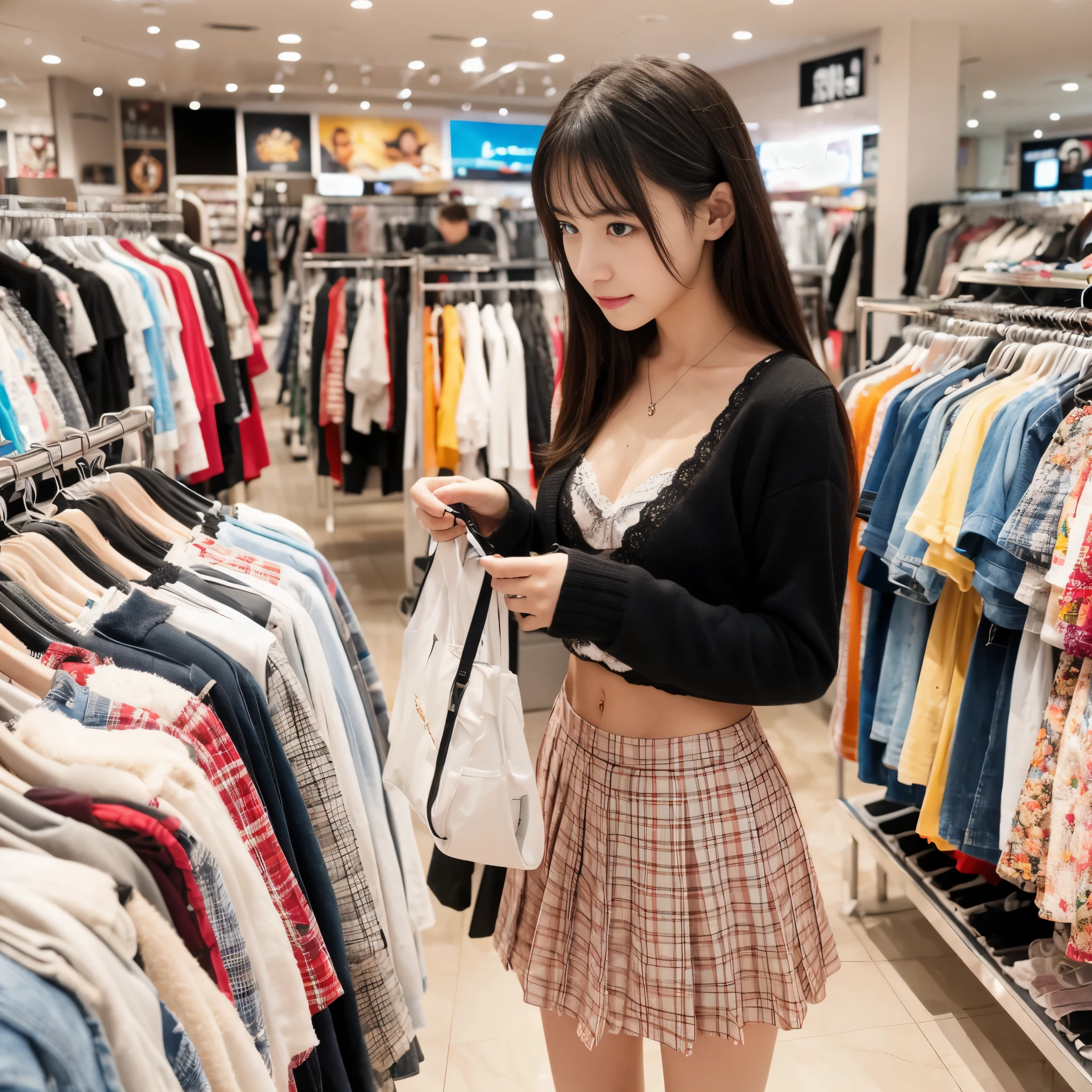 (RAW photo:1.2), (realistic), beautiful detailed girl, very detailed eyes and face, beautiful and detailed eyes, huge file size, High resolution, very detailed, highest quality, [table top:1.6], shape, very detailed, small details, highest quality, 8k wallpaper, movie lighting,15 year old junior high school girls, Shopping at the mall, Choosing clothes, Shopping in your underwear, Change of clothes, All in underwear, I can see the white bra, I can see white pants, looks fun, slender body, young face, , immature body, Taking off your school uniform, Change of clothes, underwear exposed
