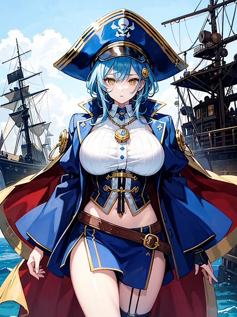 （（（masterpiece、Highest image quality、highest quality、highly detailed unity 8ｋwallpaper）））、（（Illustration of one girl、upper body））、（（（beautiful girl）））、（fantasy、female pirate）、（Light light blue hair、short ponytail：1.2、yellow eyes）、（（（Right hand is a prosthetic hand、steampunk prosthetic arm）））、（（tall））、bulky figure, massive frame, thick neck, sturdy arms, powerful legs、（captain&#39;s suit、Pirate hat、Blue coat）、pier、pirate ship anchored