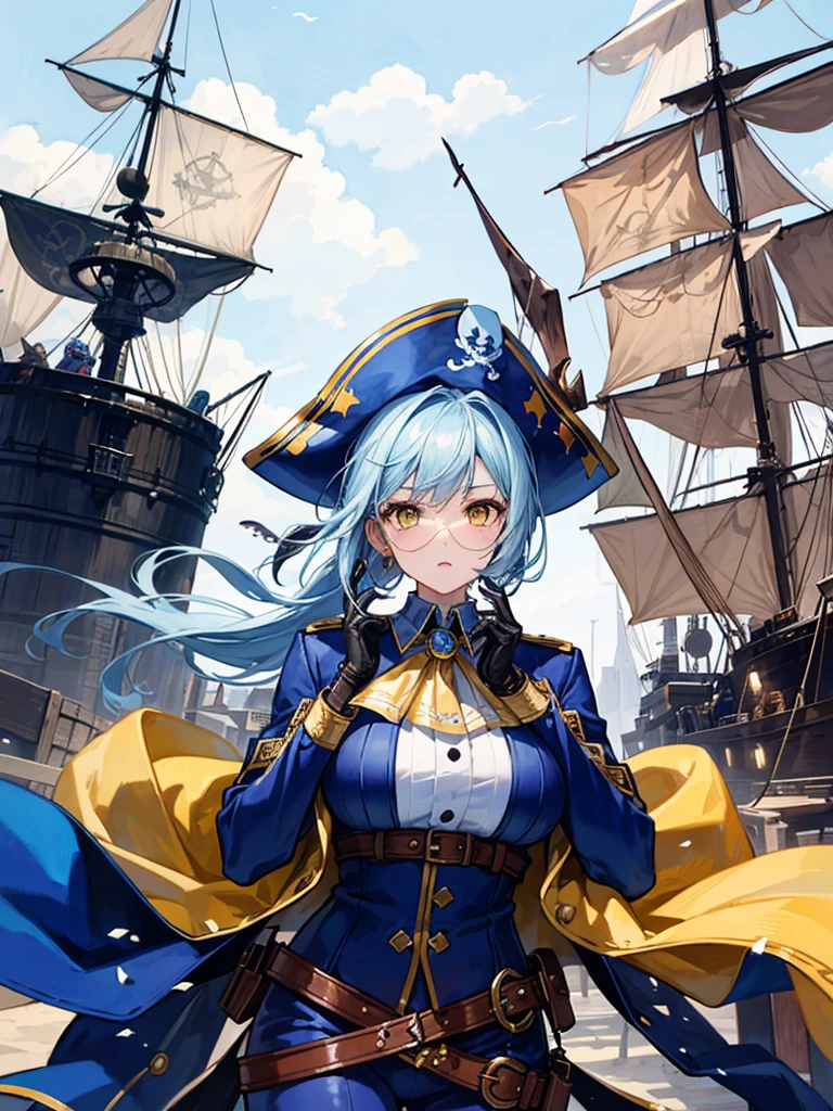 （（（masterpiece、Highest image quality、highest quality、highly detailed unity 8ｋwallpaper）））、（（Illustration of one girl、upper body））、（（（beautiful girl）））、（fantasy、female pirate）、（Light light blue hair、short ponytail：1.2、yellow eyes）、（（（Right hand is a prosthetic hand、steampunk prosthetic arm）））、（（tall））、bulky figure, massive frame, thick neck, sturdy arms, powerful legs、（captain&#39;s suit、Pirate hat、Blue coat）、pier、pirate ship anchored