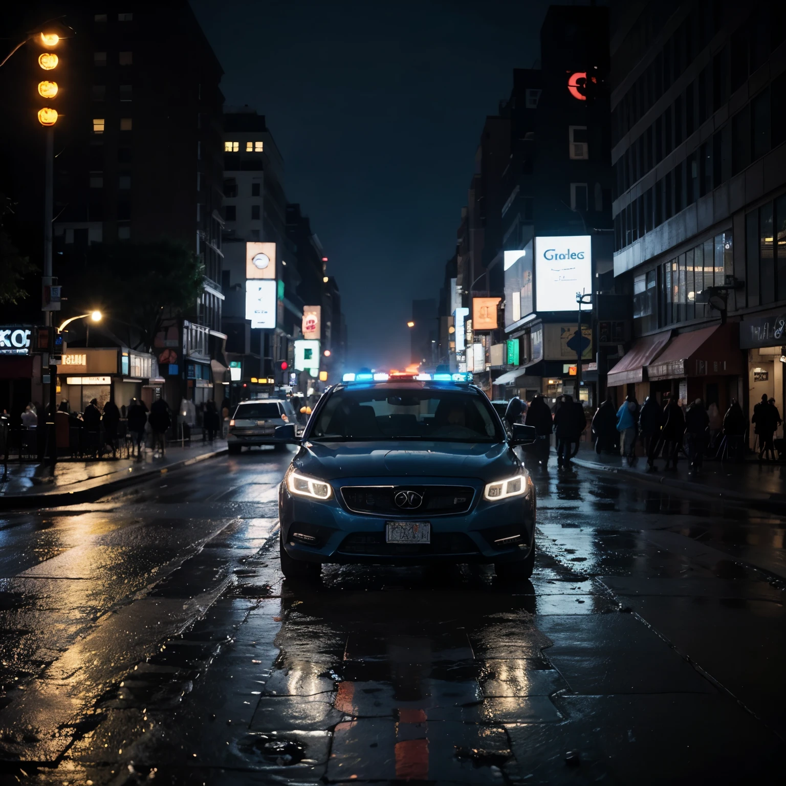 rainy New York city, dark, blue light, police car, empty city, foggy, night, focus on blue light, a lot of blue light, bright blue light