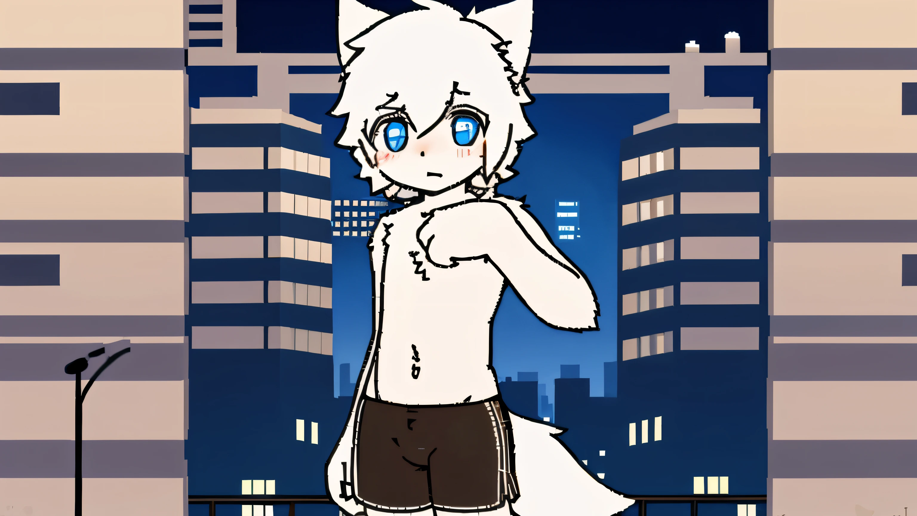 blue pupils, The body is hairy, light furry tail, Boy cat,Beautiful wallpaper very charming,P station popular styles,One character is , charming, A luxurious, small but long, legal style,blush blush,Skinny sports shorts,white,Rooftop city with skyscrapers as background
