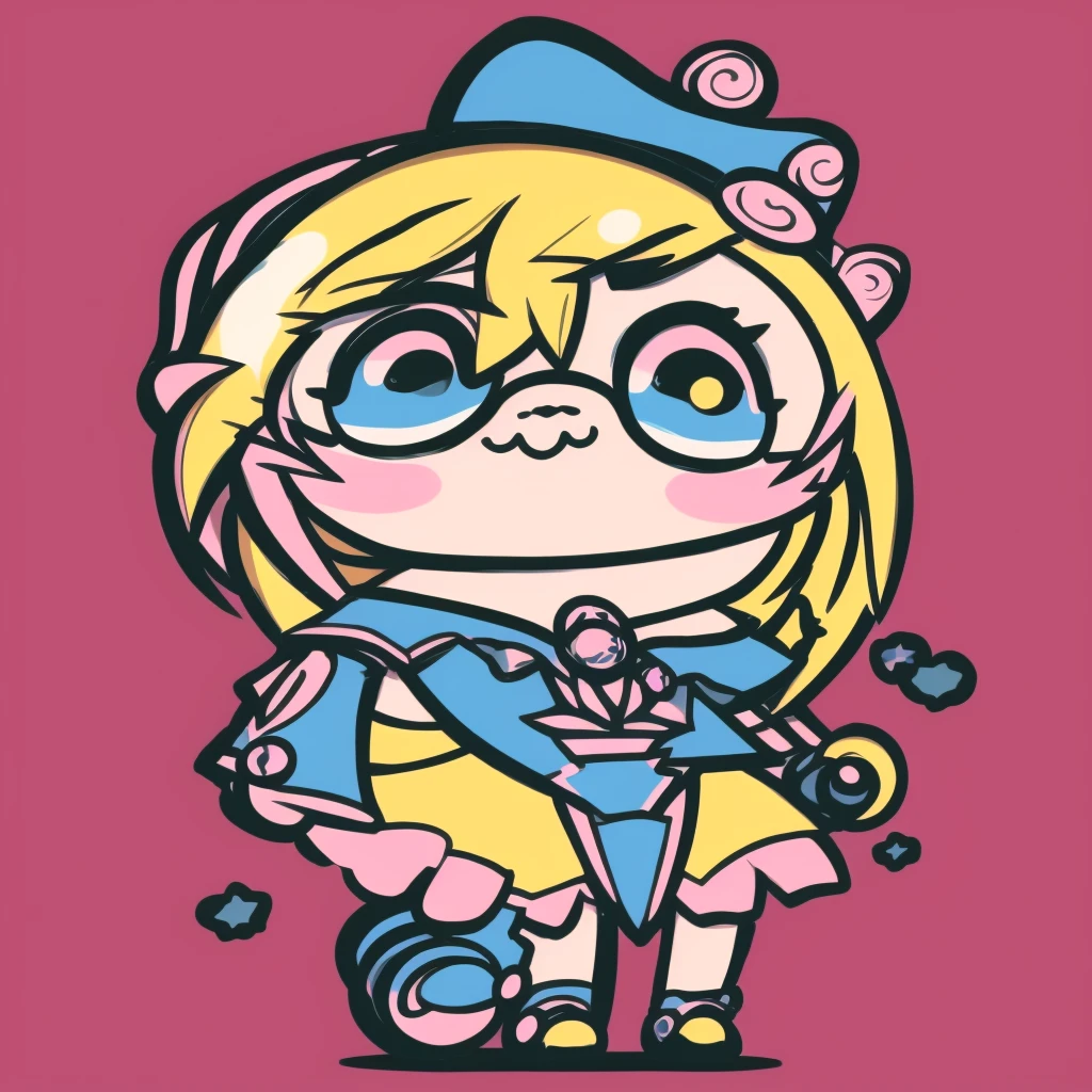 Perfectcomposition、Perfect pictorial composition、Chica dark magician girl con cabello largo、Cartoon Artstyle、Chica linda de dibujos animados、Chica dark magician girl Chibi、Chibi、lindo estilo de dibujos animados、Lindo estilo de arte、Estilo de dibujos animados、cartoon style illustration、Arte digital de los dibujos animados、Lindo arte digital、linda chica de anime、Chibi、estilo chibi、Chica kawaii、Un dibujo de anime、Pop-art、cartoon style illustration、3Equivalente、Cabeza grande、Ojos kawaii、Ojos brillantes、ojos brillantes、Caras kawaii、Cara inocente、cabello liso、una rubia、cabello dorado、cinta rosa、Chica en vestido de lunares, Linda chica kawaii, linda chica de anime, La parte superior del cuerpo、oblicuo、fondo rosa、Tchibi、Has a small、Mini、Chibi
