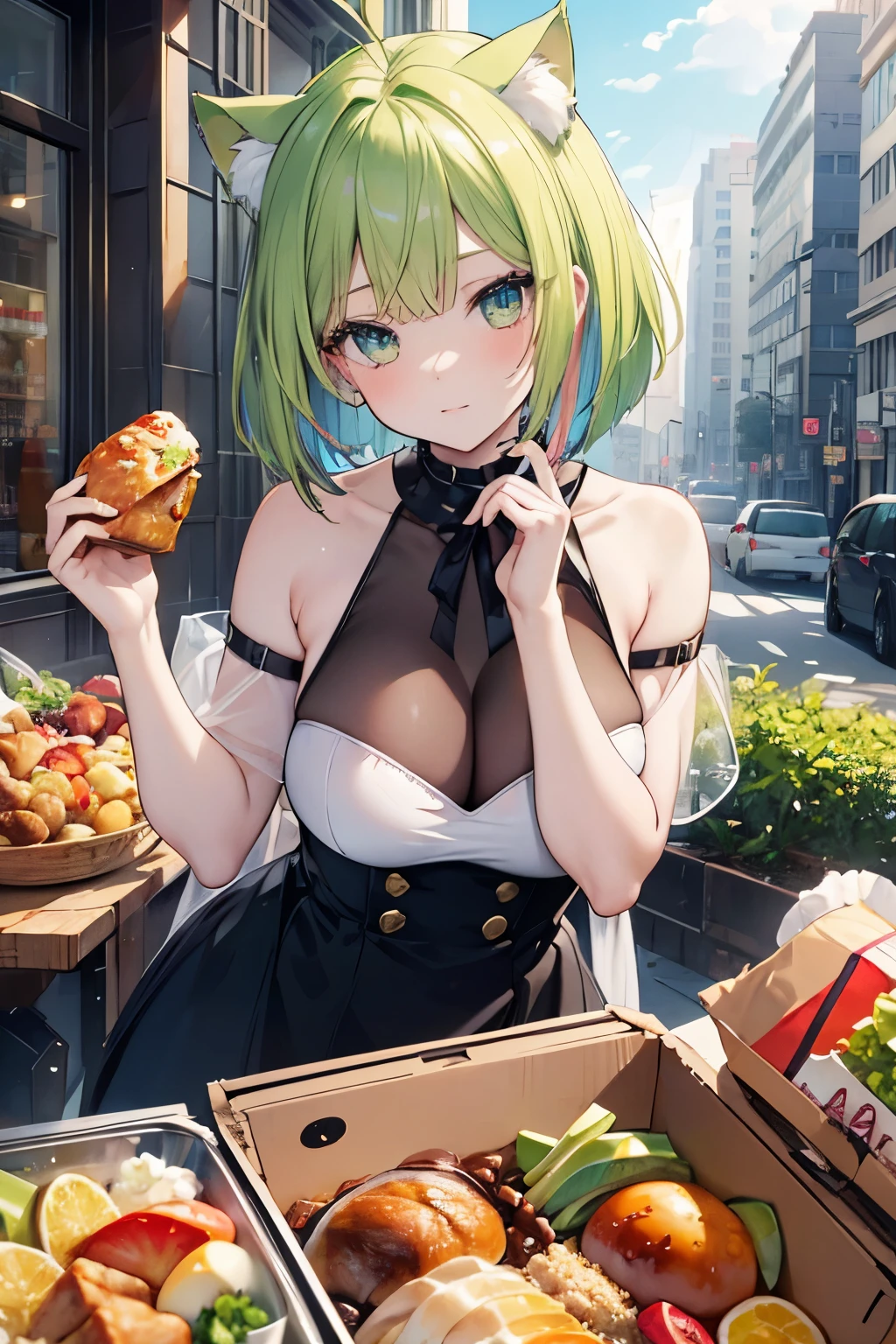 ((masterpiece)), ((best quality)), ((8K)), high resolution, 1girl, cat ears,city, pale skin, large breasts, green eye, multicolored hair, bob cut, gift box, noon, lunch, chicken,