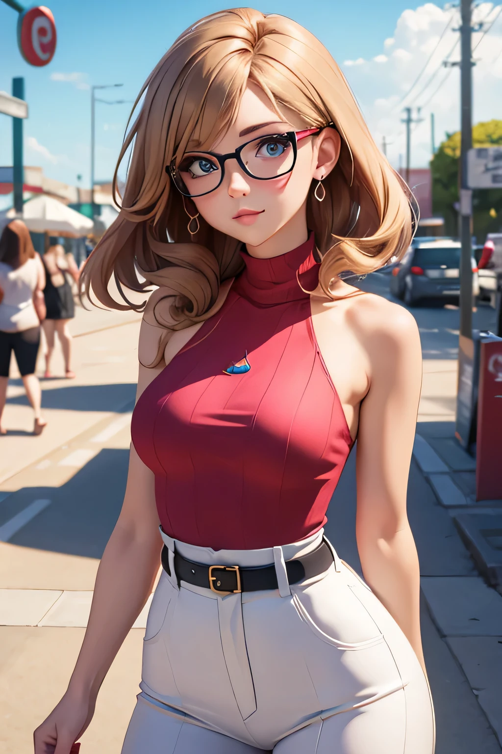 (masterpiece, professional photo:1.1), (8k, high resolution), single, solo women, European, (straight messy hair (dark blonde)), sexy curve, beautiful face, ultra detail eyes, (glasses:1.1), small breast, (high waist short pink:1.2), (red high neck:1.2), sexy goddess, street, old beach side build, high quality image