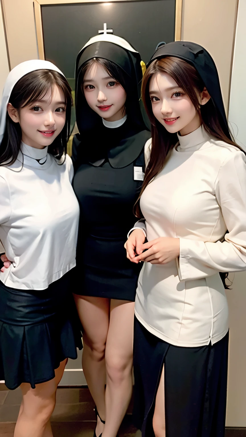 hot pants、Seductive smile、Supermodel、Perfect build、Muchimuchi、Three girls are looking at the viewer、 3 girls、、beautiful feet、smile、Black Nun、short ruffle skirt、
