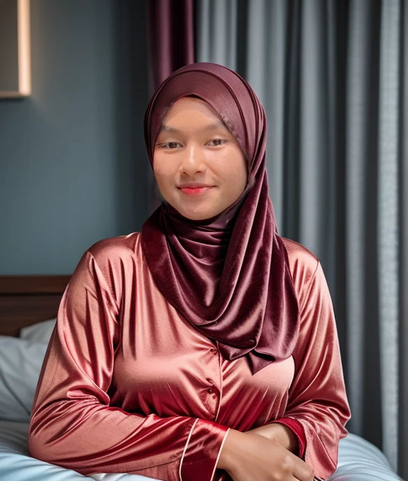 matured malay woman in hijab wearing  red color pajamas sleeping in bed portrait photography, lying in bed, mid shot photo, ultra detail, professional photograph with professional lighting, smile, light blue bed, bedroom,  seducing sleep pose, curvy