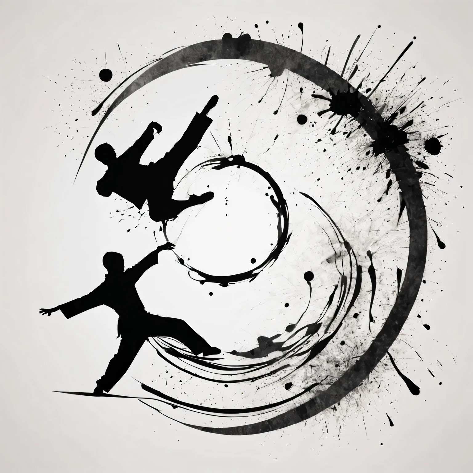 high quality,4K,artwork,ink painting,Very detailed,real,Splash-ink Tai Chi illustration,black and white,Thick ink,soft light,,Tai Chi practice scene,tai chi stance,Smooth movements,a state of tranquility,Meaningful artistic details