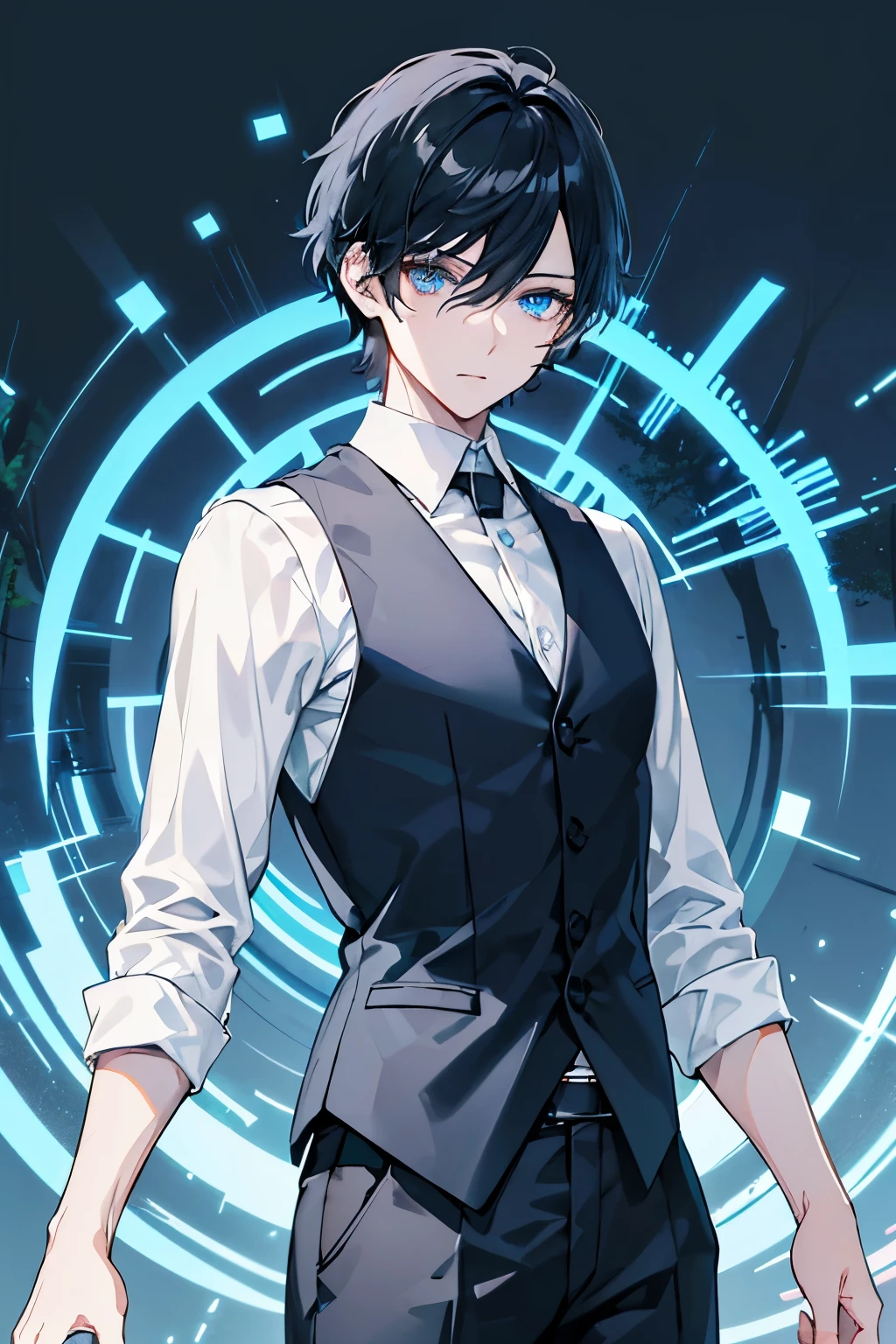 male　black hair　blue eyes　short hair　in the forest　white cutter shirt　Pose with movement　one person　Black vest　Decisive pose　coat　masterpiece　Highest image quality　noise removal　clear parts 　cinematic shadow　Increased attractiveness of the eyes　clear parts the shine of the eyes　Draw eyelashes neatly　perfect eyes　detailed eyes　Sharpen image quality　Sharpen eye writing　clear parts eye shape