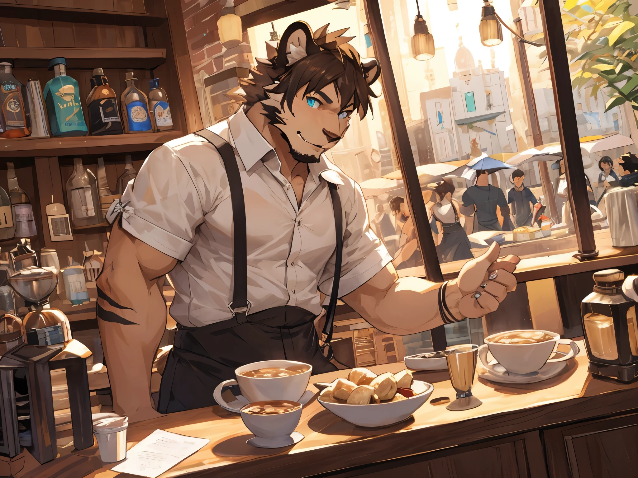 alone, male, tiger orc,furry, (short hair, nose), messy fur, messy hair, giggle, notched ears, by bebebebebe, by spikes, by dark gems, By Mysterious Fox 61, by Chun Ni, permanent, sling, looking at the audience,cafes,masterpiece。Barista,Store manager,exquisite eyes