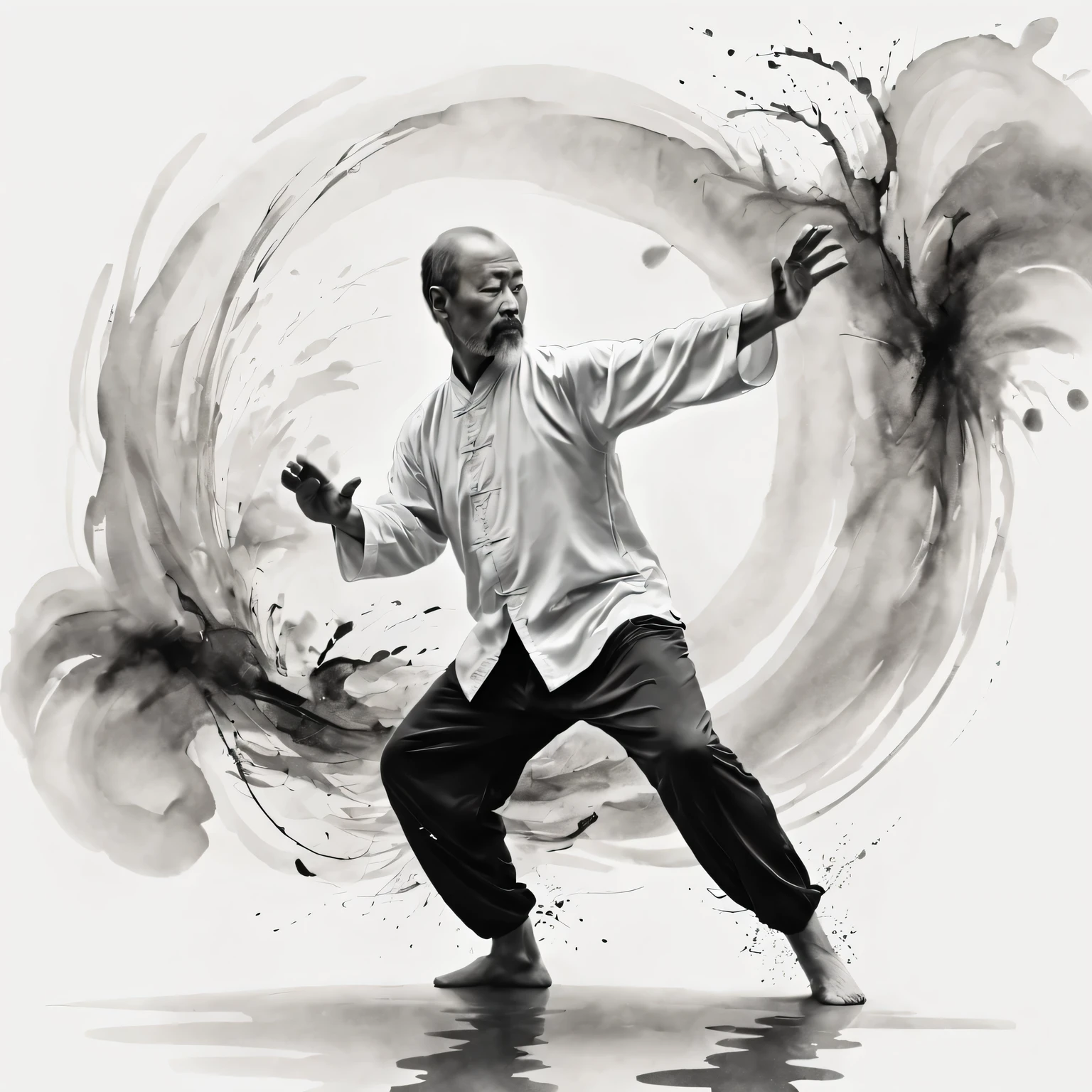 high quality,4K,artwork,ink painting,Very detailed,real,Splash-ink Tai Chi illustration,black and white,Thick ink,soft light,,Tai Chi practice scene,tai chi stance,Smooth movements,a state of tranquility,Meaningful artistic details