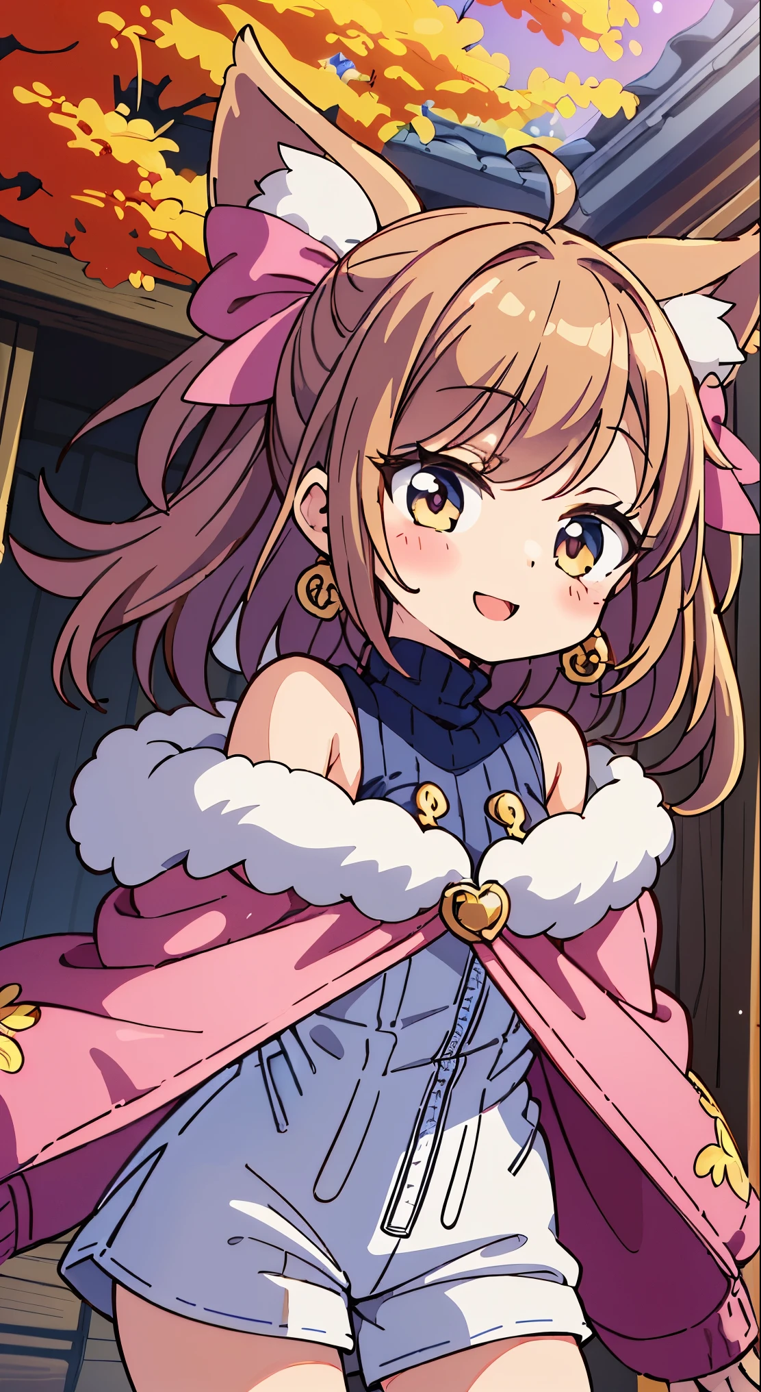 masutepiece,Best Quality,(Cute illustration:1,2),(Absurd realistic structure details),(High resolution complex and detailed text quality),(High-resolution microstructure,High poly 3 D rendering correction),Methods of geometry,Careful explanatory anatomy,
1girl in, (Cute:1.5),(Chibi:0.5),(kawaii:2.0),(:2.0),(7 old girl),(Solo:1.65),BREAK, (flat chest:1.2,), Clear skin, Beautiful skin, Shy, One Beautiful Girl,(Hair Bow, reddish brown hair, Twin-tailed:1.2), (Brown eyes, long eyelashes, Double eyelids: 1.2), Shiny skin, gleaming skin,Clear skin, Beautiful skin,( A smile:1.5), Solo,gleaming skin, Clear skin, Beautiful skin(best quality face),(Top quality glowing eyes), (The best smile,Doya face:1.45), BREAK (Pink Theme:1.4), (Gold thread embroidery on hem:1.6) ((caregiver theme:1.4)), BREAK (Pink Theme:1.5), (Oversized pink down jacket with white fluffy fur:1.5), (pink down jacket pull:1.4), (off shoulders:1.4), (pink nylon shine:1.3), BREAK (White theme:1.4), (baggy white thigh-high boots:1.5), (tight latex white shorts:1.3), BREAK (grey theme:1.3), (Sleeveless Knit Gray Turtleneck Sweater:1.4), (no sleeves:1.3), (Emphasized chest:1.2), (knit:1.2), (earrings:1.2),
(red capelet:1.3),
BREAK, 鎖骨,Hair intake, Hand up, Navel, Parted lips, Solo, Stomach,architecture, Blue sky, (autumn forest:1.2), wooden building, Kiyomizu-dera Temple, balconies, Blue sky, crystal clear skies, Blurry background, longshot, Standing, Sunset, Thighs Thighs Thighs\), Twilight,Happy,Laugh,blush,Opened mouth,Closed eyes,Beautiful sunset,Twilight,Backlighting,Waterfall,depth of fields,
BREAK,wakame,wakame,wakame,(Dynamic Angle:1.4),
BREAK,(Blurry background:1.3),(absurderes, hight resolution, Super Detail Art),cel shading,Clear Color, Lonely optical effect, Beautiful pictures, Bright glow, mystic atmosphere,(Close-up of girl:1.1), Mystical light particle effect,manga influence, clean line drawings,