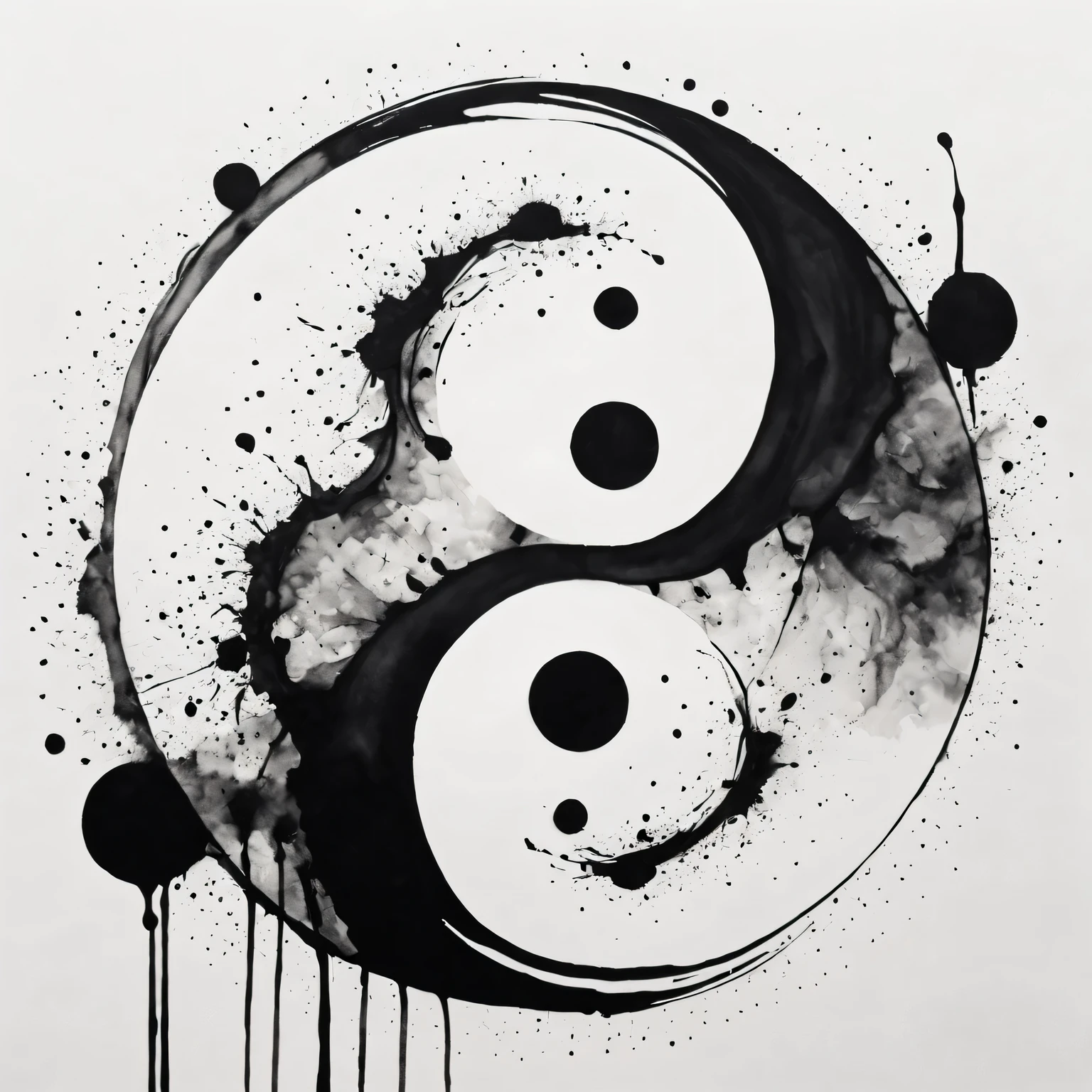 high quality,4K,artwork,ink painting,Very detailed,real,Splash-ink Tai Chi illustration,black and white,Thick ink,soft light,,Tai Chi practice scene,tai chi stance,Smooth movements,a state of tranquility,Meaningful artistic details