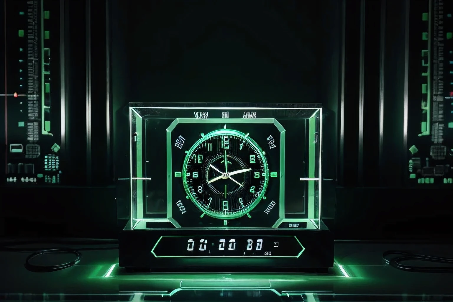 a super tecnologic clock of glass with cyber-circuits ticking very fast. time passing fast. Balck and green colors
