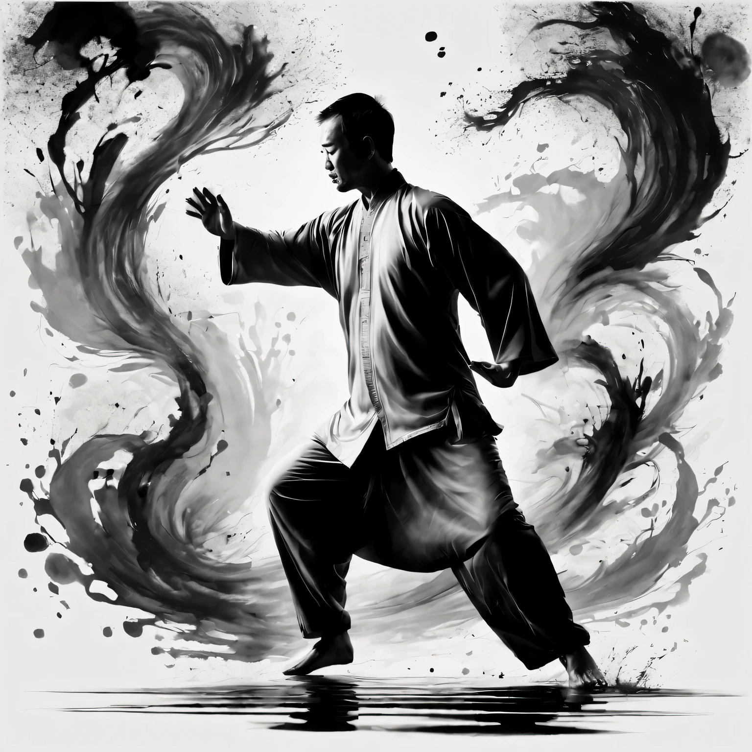 high quality,4K,artwork,ink painting,Very detailed,real,Splash-ink Tai Chi illustration,black and white,Thick ink,soft light,,Tai Chi practice scene,tai chi stance,Smooth movements,a state of tranquility,Meaningful artistic details