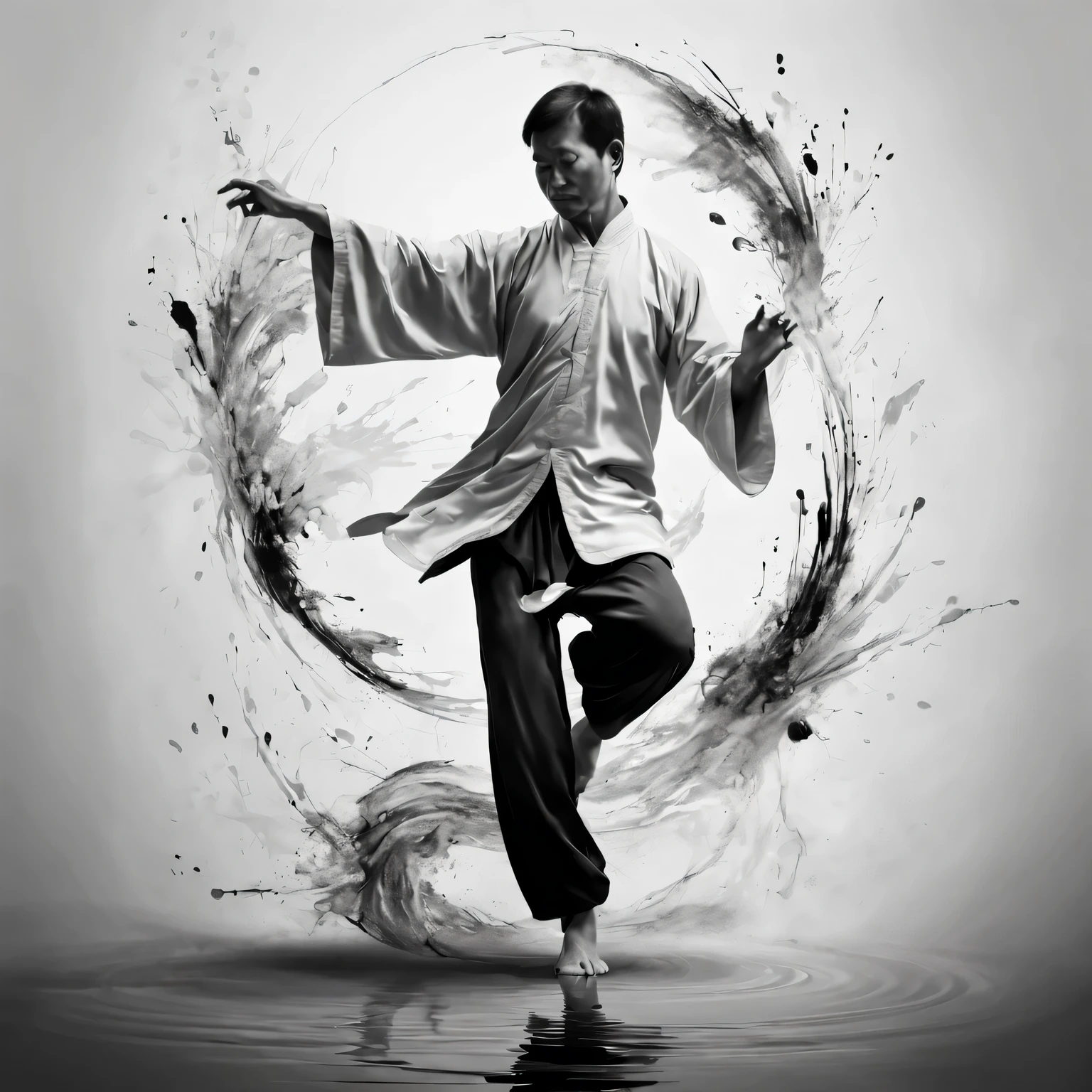 high quality,4K,artwork,ink painting,Very detailed,real,Splash-ink Tai Chi illustration,black and white,Thick ink,soft light,,Tai Chi practice scene,tai chi stance,Smooth movements,a state of tranquility,Meaningful artistic details