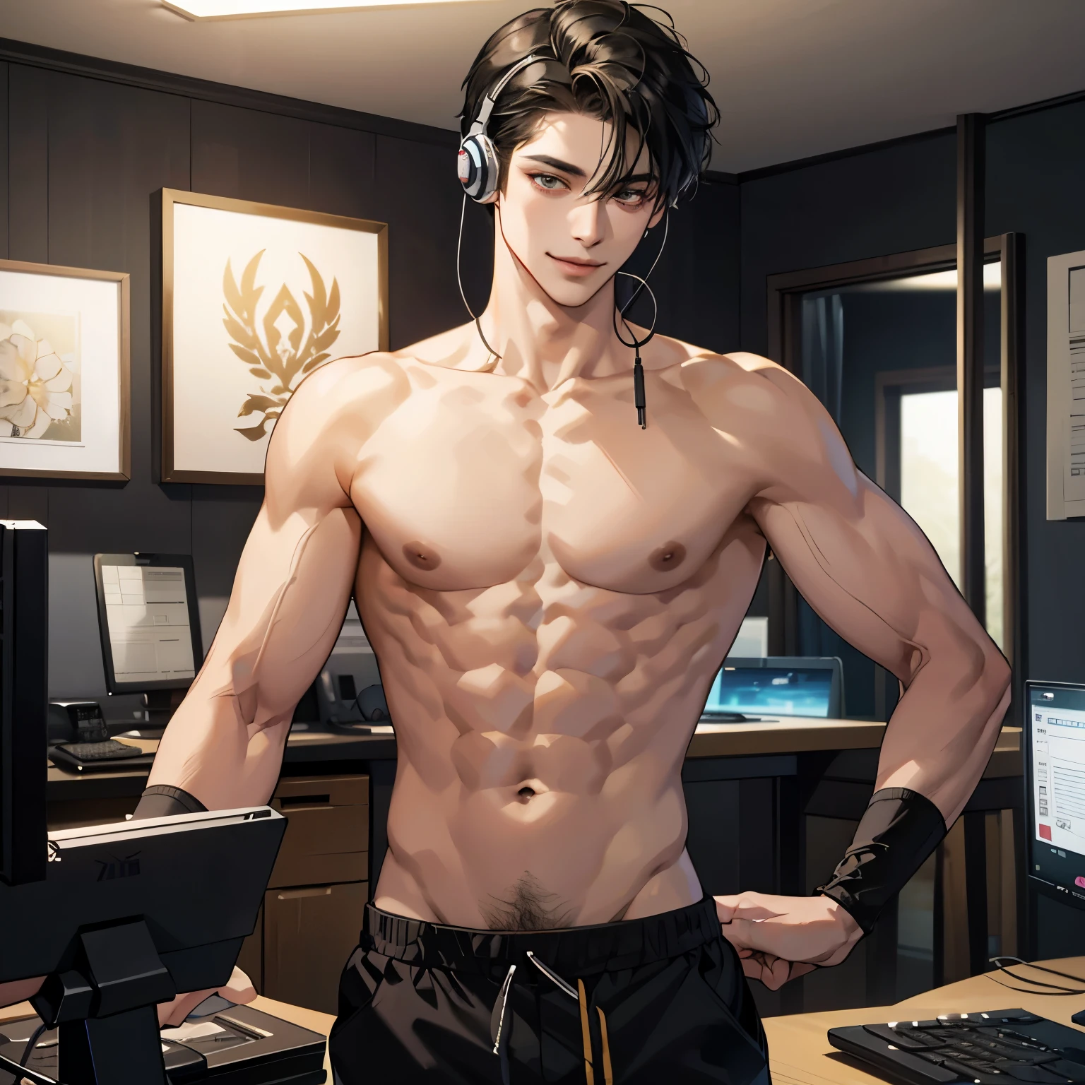 masterpiece, high quality, best quality, HD, actual, perfect lighting, detailed body, 1 person, short black hair, naked, thin waist，abdominal muscles，Smile, rest, wearing headphones, facing the monitor, in the room