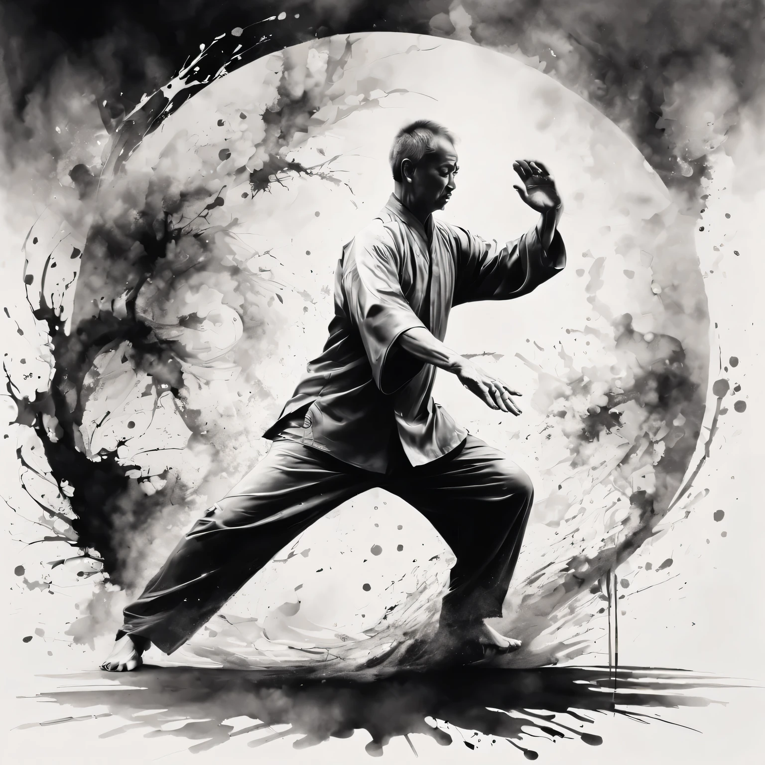 high quality,4K,artwork,ink painting,Very detailed,real,Splash-ink Tai Chi illustration,black and white,Thick ink,soft light,,Tai Chi practice scene,tai chi stance,Smooth movements,a state of tranquility,Meaningful artistic details