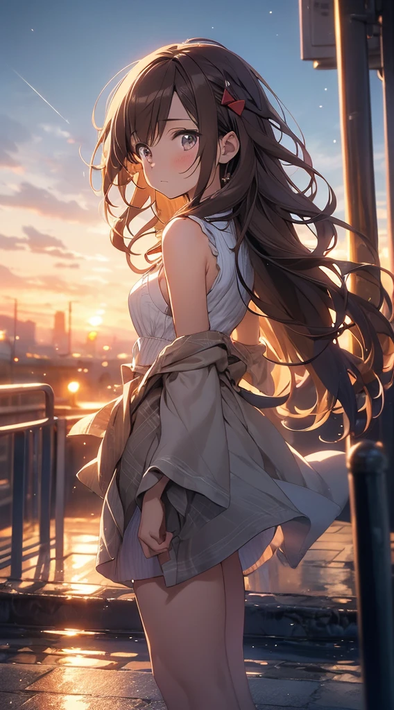 anime style, 1 lady, brown hair, Shoulder length wavy hair, Full body female love, Look away from the camera, look up to the sky, calm, Soft dramatic lighting, depth of field, Bokeh, Vibrant details, Surreal,close shot