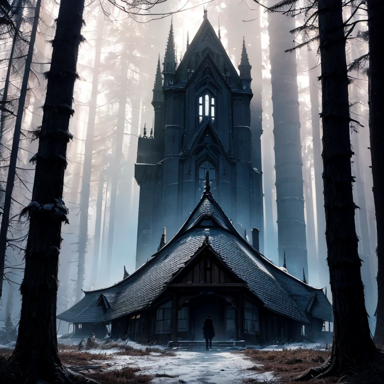 **Dark and moody dramatic lighting and shadows, haunted house on a hill surrounded by a forest of creepy trees, Dark and foreboding night, eldritch creatures roaming in the dark, foggy misty evening