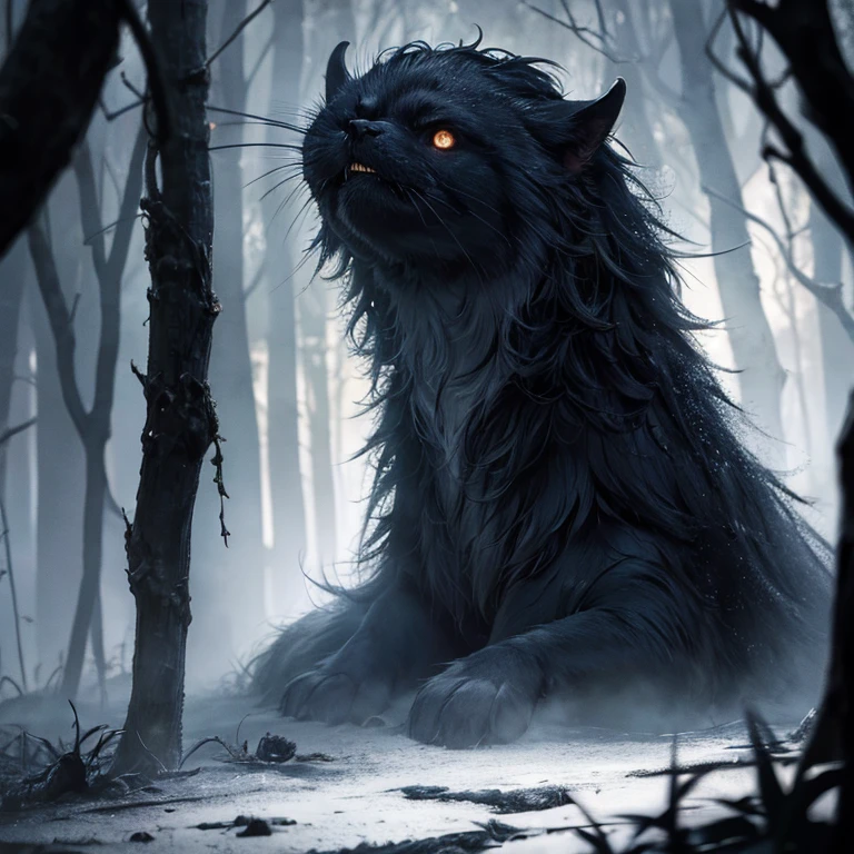 **Dark and moody dramatic lighting and shadows, haunted house on a hill surrounded by a forest of creepy trees, Dark and foreboding night, eldritch creatures roaming in the dark, foggy misty evening
