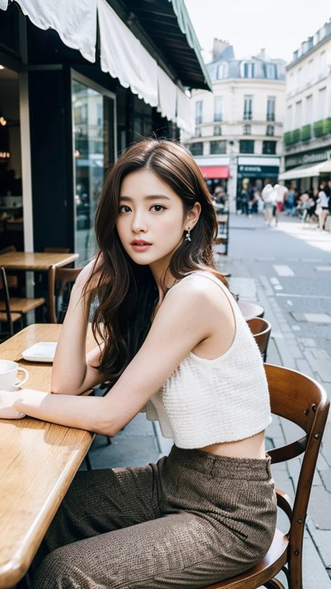 dark brown hair、light brown eyes、Japanese actress face、 lady、looks like him;I'Iは40歳くらいです、(intricate details:1.2)、(Top Quarit:1.4)、 (ultra high resolution:1.2)、ultra high resolution、(fine eyes)、(detailed facial features)、ticker、8K resolution、D cup size breasts、hair length、crop top、wide pants、Terrace cafe on the streets of Paris、sitting on a chair in a cafe、Chanel shop in Paris can be seen in the background.、full body photo、Photographed from head to toe、Pose leaning against the wall、Pose as if waiting for someone、