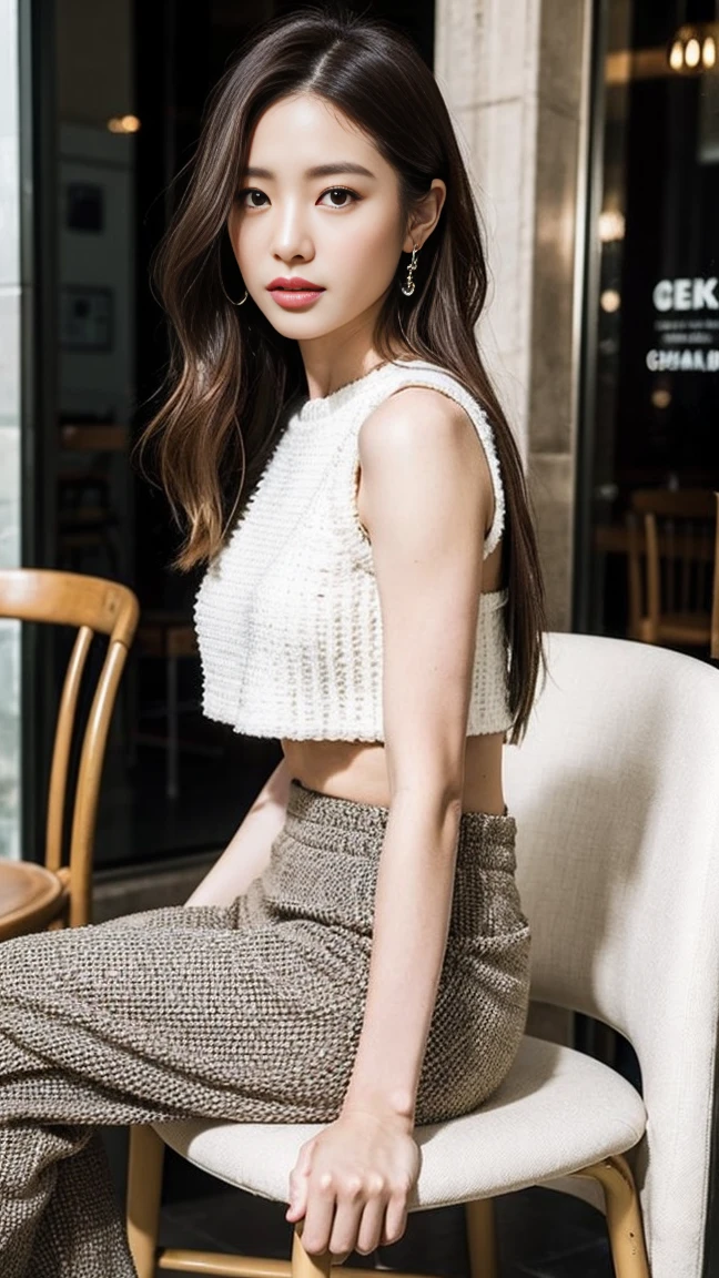(detailed face),((crotch)),normal breasts,pretty,sleeveless and turtle neck white Knitted clothes,4k ,super high resolution ,(photo-realistic: 1.7),colorful background, long hair,bangs,