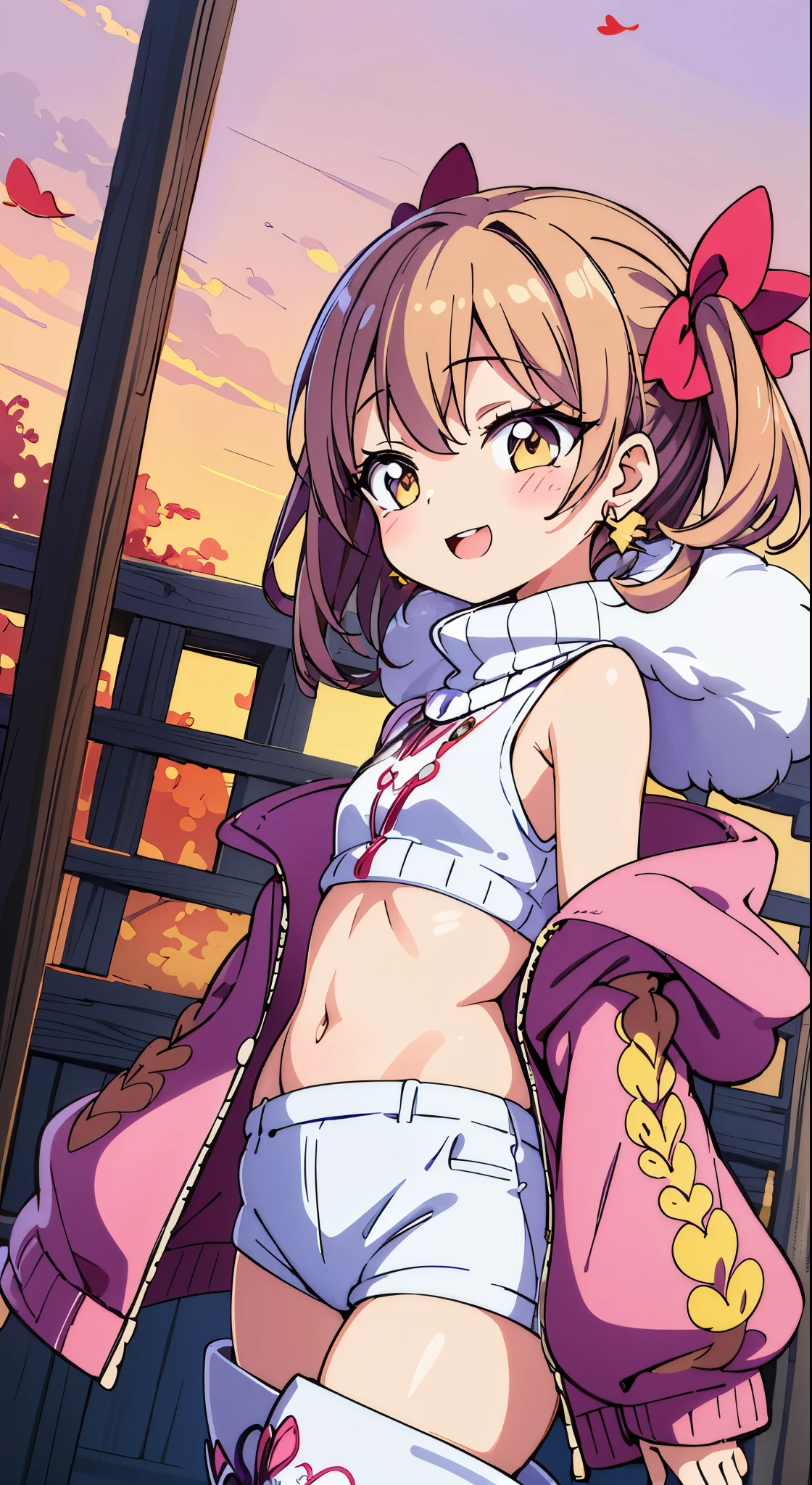 masutepiece,Best Quality,(Cute illustration:1,2),(Absurd realistic structure details),(High resolution complex and detailed text quality),(High-resolution microstructure,High poly 3 D rendering correction),Methods of geometry,Careful explanatory anatomy,
1girl in, (Cute:1.5),(Chibi:0.5),(kawaii:2.0),(:2.0),(7 year old girl),(Solo:1.65),BREAK, (flat chest:1.2,), Clear skin, Beautiful skin, Shy, One Beautiful Girl,(Hair Bow, reddish brown hair, Twin-tailed:1.2), (Brown eyes, long eyelashes, Double eyelids: 1.2), Shiny skin, gleaming skin,Clear skin, Beautiful skin,( A smile:1.5), Solo,gleaming skin, Clear skin, Beautiful skin(best quality face),(Top quality glowing eyes), (The best smile,Doya face:1.45), BREAK (Pink Theme:1.4), (Gold thread embroidery on hem:1.6) ((caregiver theme:1.4)), BREAK (Pink Theme:1.5), (Oversized pink down jacket with white fluffy fur:1.5), (pink down jacket pull:1.4), (off shoulders:1.4), (pink nylon shine:1.3), BREAK (White theme:1.4), (baggy white thigh-high boots:1.5), (tight latex white shorts:1.3), BREAK (grey theme:1.3), (Sleeveless Knit Gray Turtleneck Sweater:1.4), (no sleeves:1.3), (Emphasized chest:1.2), (knit:1.2), (earrings:1.2),
(red capelet:1.3),
BREAK, 鎖骨,Hair intake, Hand up, Navel, Parted lips, Solo, Stomach,architecture, Blue sky, (autumn forest:1.2), wooden building, Kiyomizu-dera Temple, balconies, Blue sky, crystal clear skies, Blurry background, longshot, Standing, Sunset, Thighs Thighs Thighs\), Twilight,Happy,Laugh,blush,Opened mouth,Closed eyes,Beautiful sunset,Twilight,Backlighting,Waterfall,depth of fields,
BREAK,wakame,wakame,wakame,(Dynamic Angle:1.4),
BREAK,(Blurry background:1.3),(absurderes, hight resolution, Super Detail Art),cel shading,Clear Color, Lonely optical effect, Beautiful pictures, Bright glow, mystic atmosphere,(Close-up of girl:1.1), Mystical light particle effect,manga influence, clean line drawings,