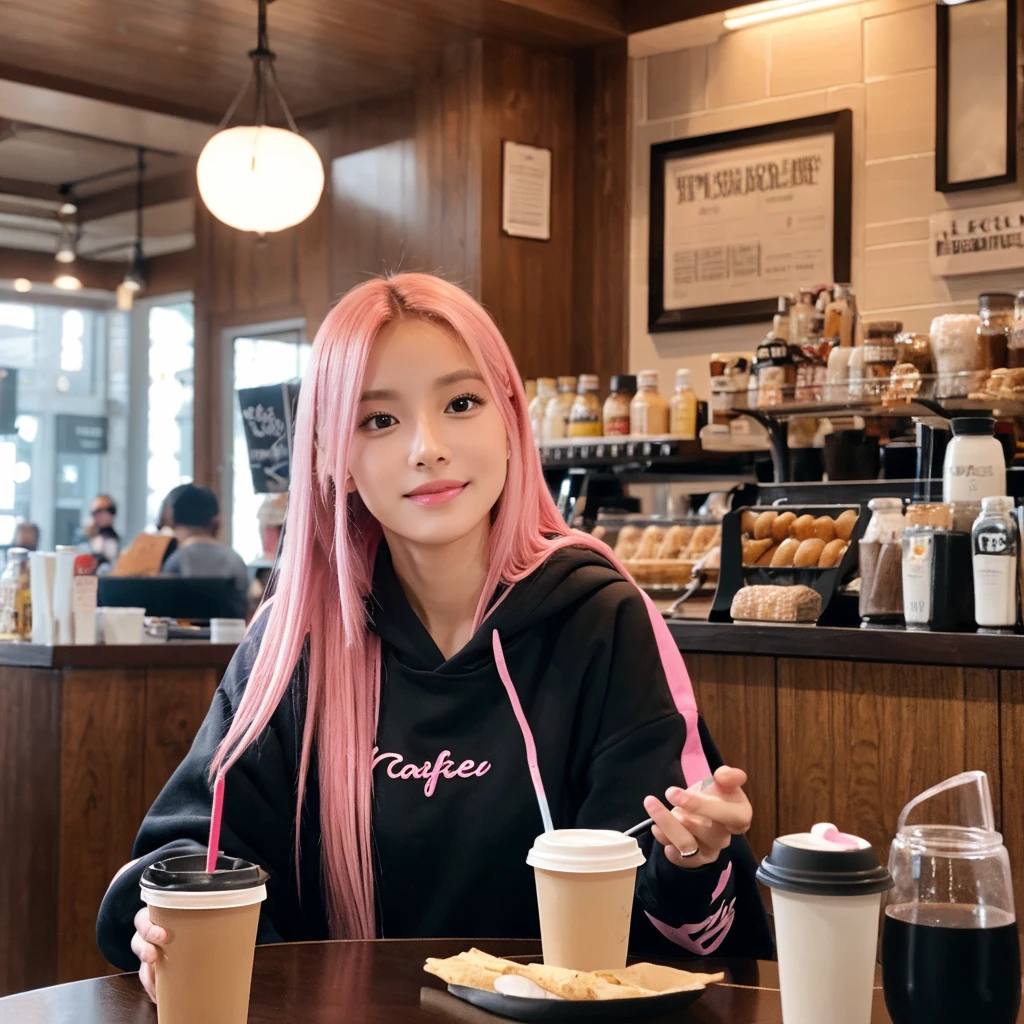 (realistic、High resolution:1.3)、There's only one white girl with a perfect figure、super thin face and eyes、long hair、pink hair、Tank top、at the cafe、coffee on the table、C cup、Wearing a black hoodie