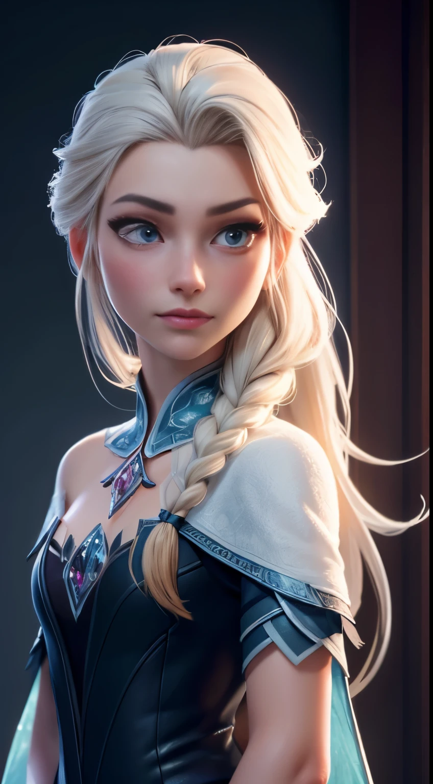 Highly detailed CG unity 8k wallpaper, style shot, complex, high detail, dramatic, highest quality movie still image, very detailed, masterpiece, best quality, character design, Elsa, Elsa from Frozen, (( Dark style)), realistic ultra-detailed rendering style, natural light, sharp character design, (hard focus, 8k), (((natural skin texture))), 8k textures, soft cinematic lighting, adobe lightroom, dark room, hdr, Sophisticated, Elegant, Rich Detail, Sharp Focuilm Look) )), Soothing Tones, Detail Frenzy, Intricate Detail, Super Detail, Low Contrast, Soft Film Lighting, Dull Colors, Exposure Blending, HDR, Fade, 35mm, f/1.4, ISO64, f16, 25 sec.